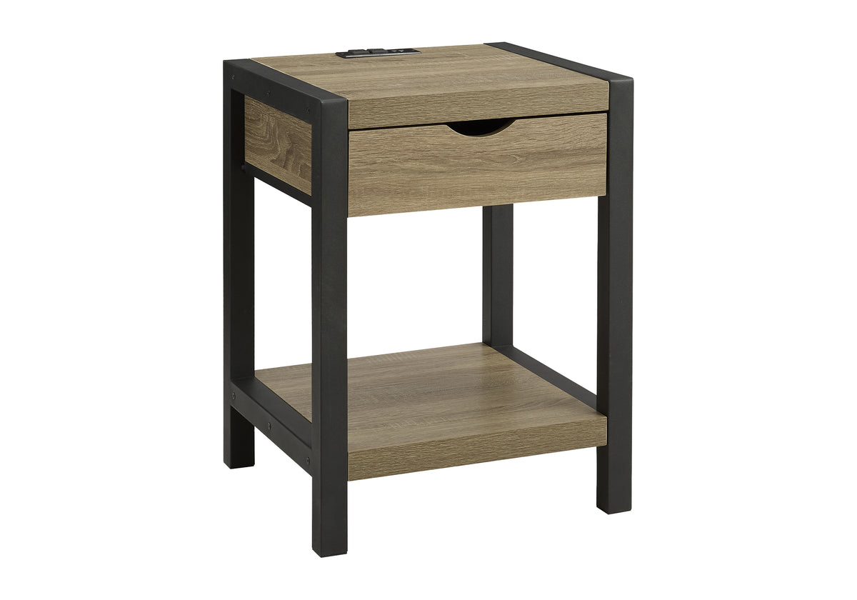 Accent Table, 24"H, 2 Tier, End, Side Table, Nightstand, Lamp, Storage Drawer, Dark Taupe Laminate, Black Metal, Contemporary