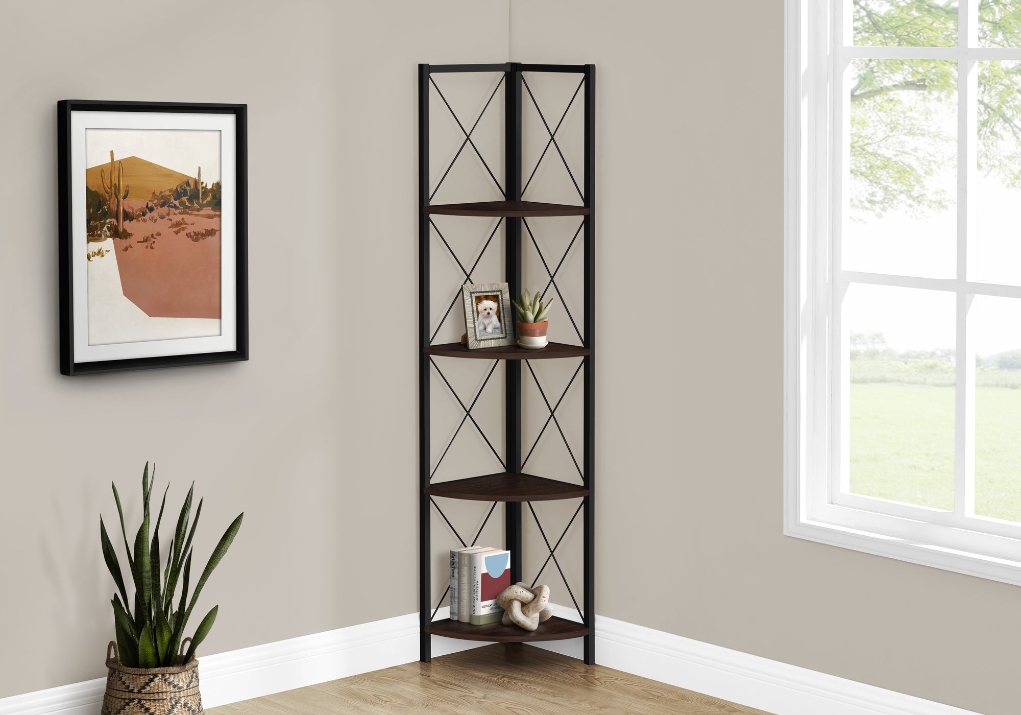 Adra - Bookshelf Bookcase Etagere Corner 4 Tier 60"H Office Bedroom Brown