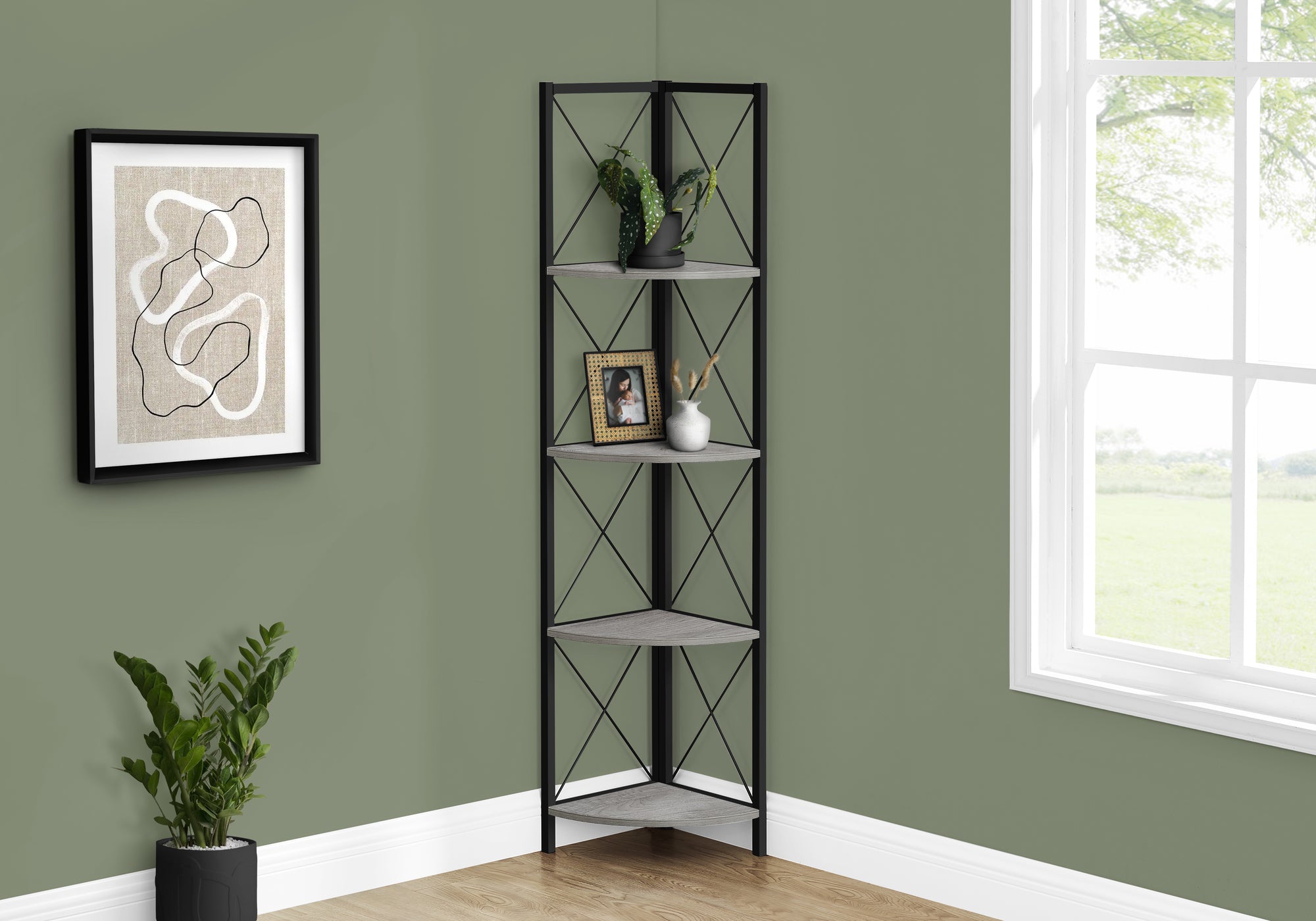 Savita - Bookshelf Bookcase Etagere Corner 4 Tier 60"H Office Bedroom Grey