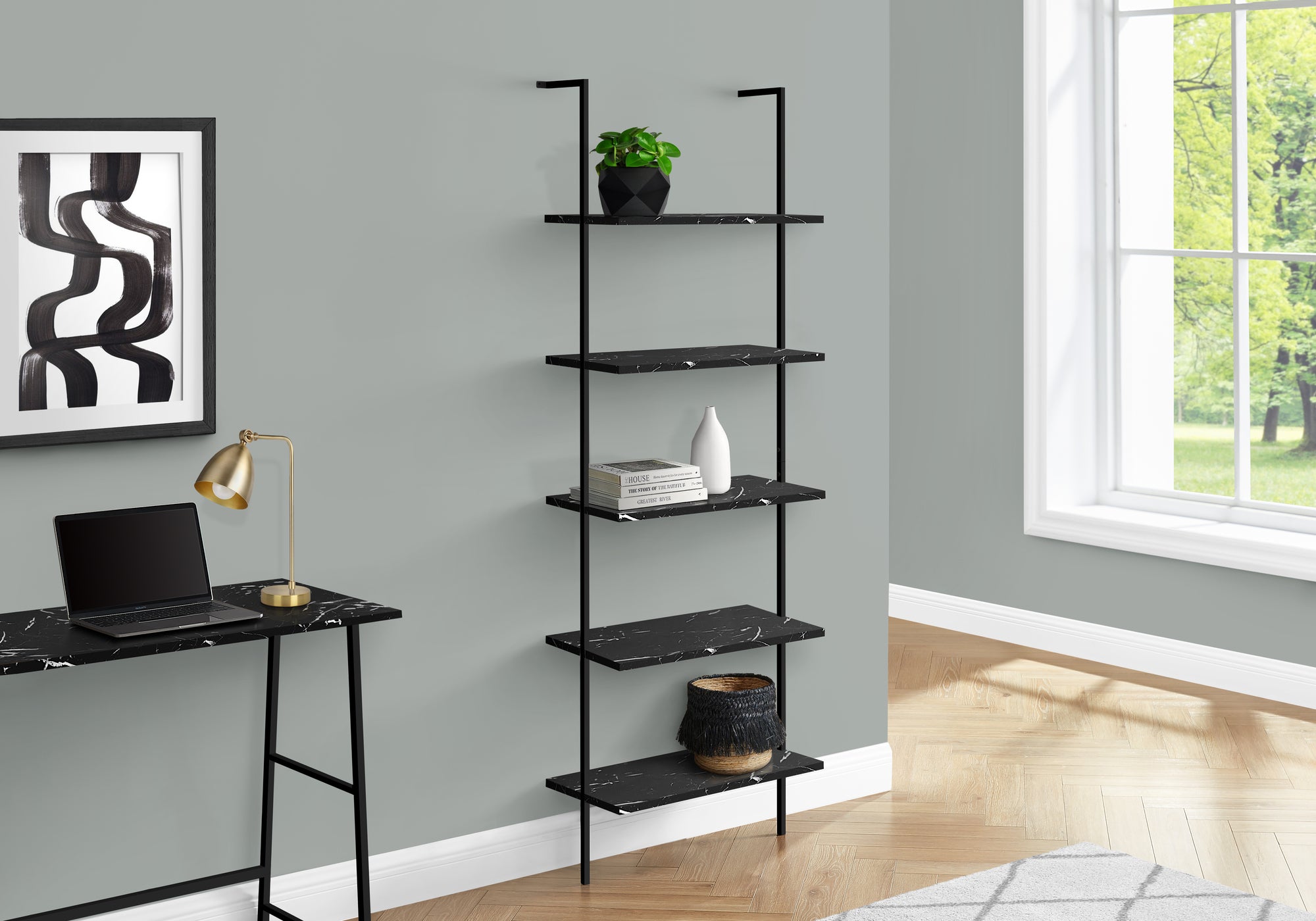 Violetta - Bookshelf Bookcase Etagere Ladder 5 Tier 72"H Office Bedroom Black