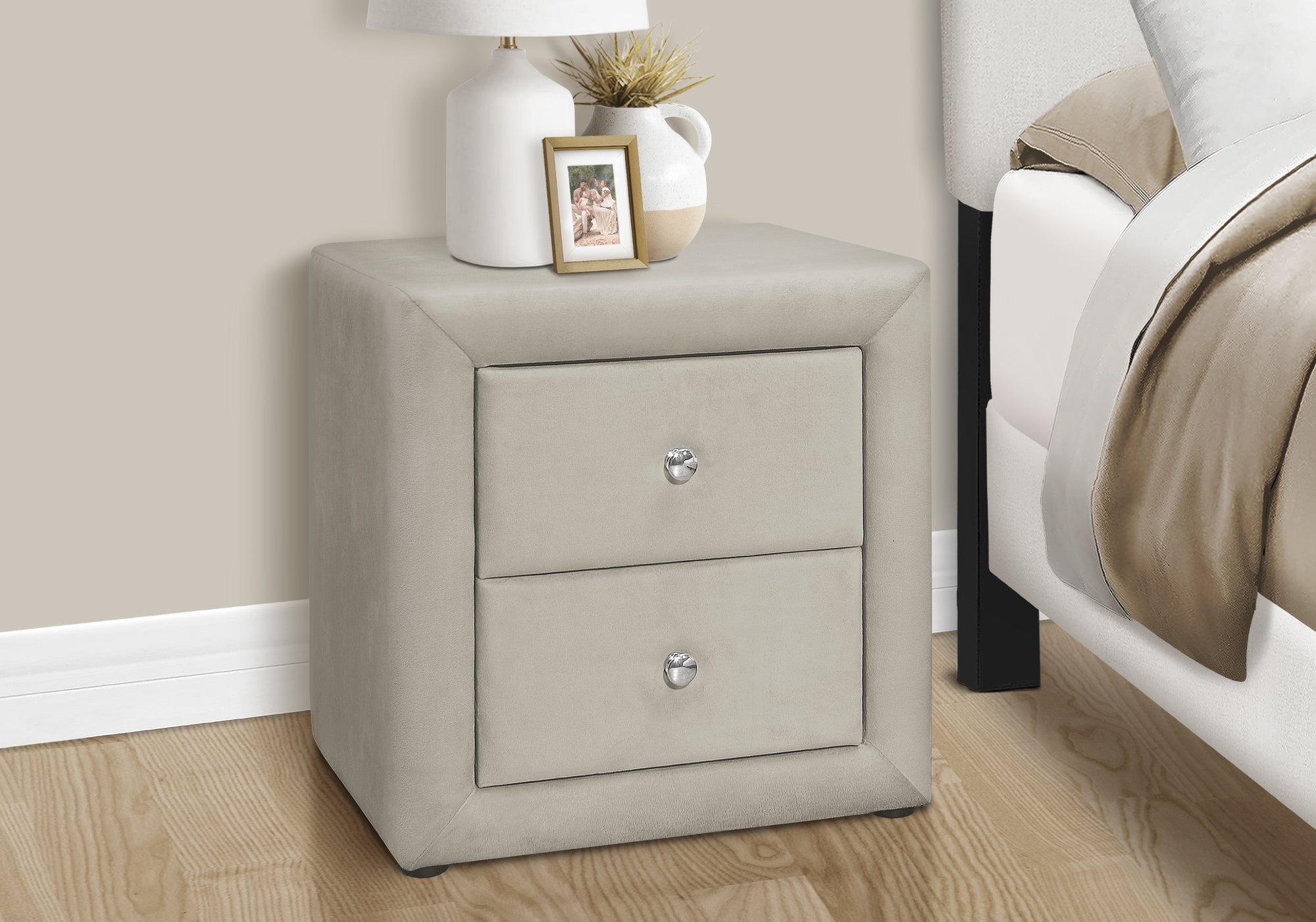 Ramon - Nightstand Nightstand End Side Lamp Storage Drawer Bedroom Upholstered Grey