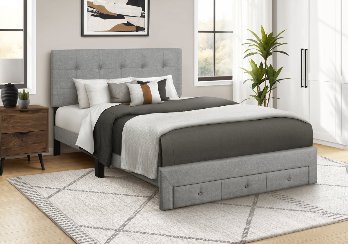 Bed, Queen Size, Platform Bed, Storage Drawers, Upholstered, Frame Only, Bedroom, Grey Linen Look, Transitional