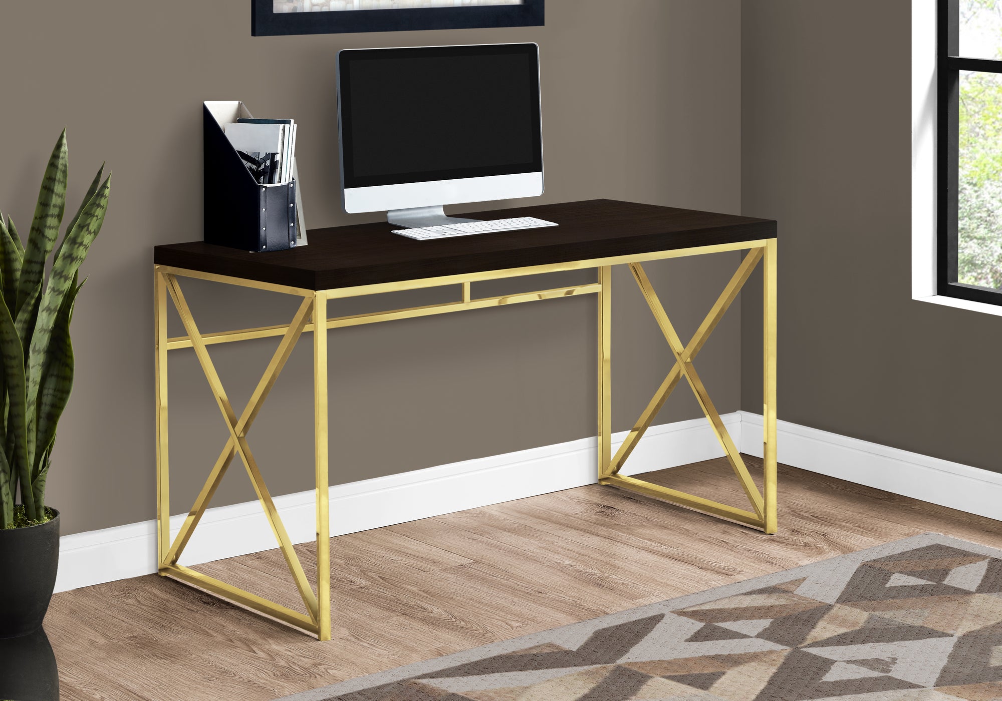 Elena - Computer Desk Home Office Laptop Work Brown Laminate Gold Metal