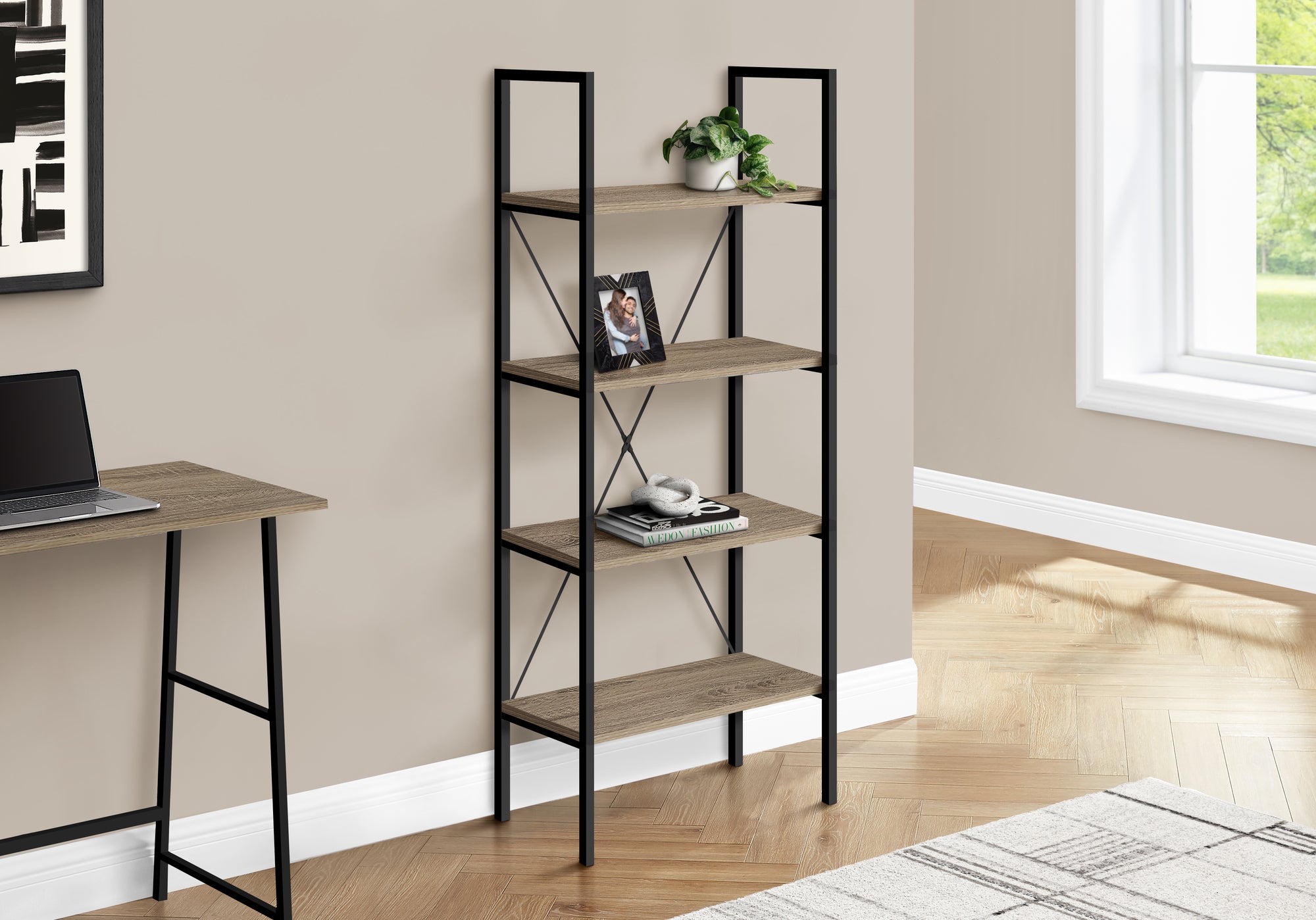 Laina - Bookshelf Bookcase 4 Tier 48"H Office Bedroom Brown Laminate Black