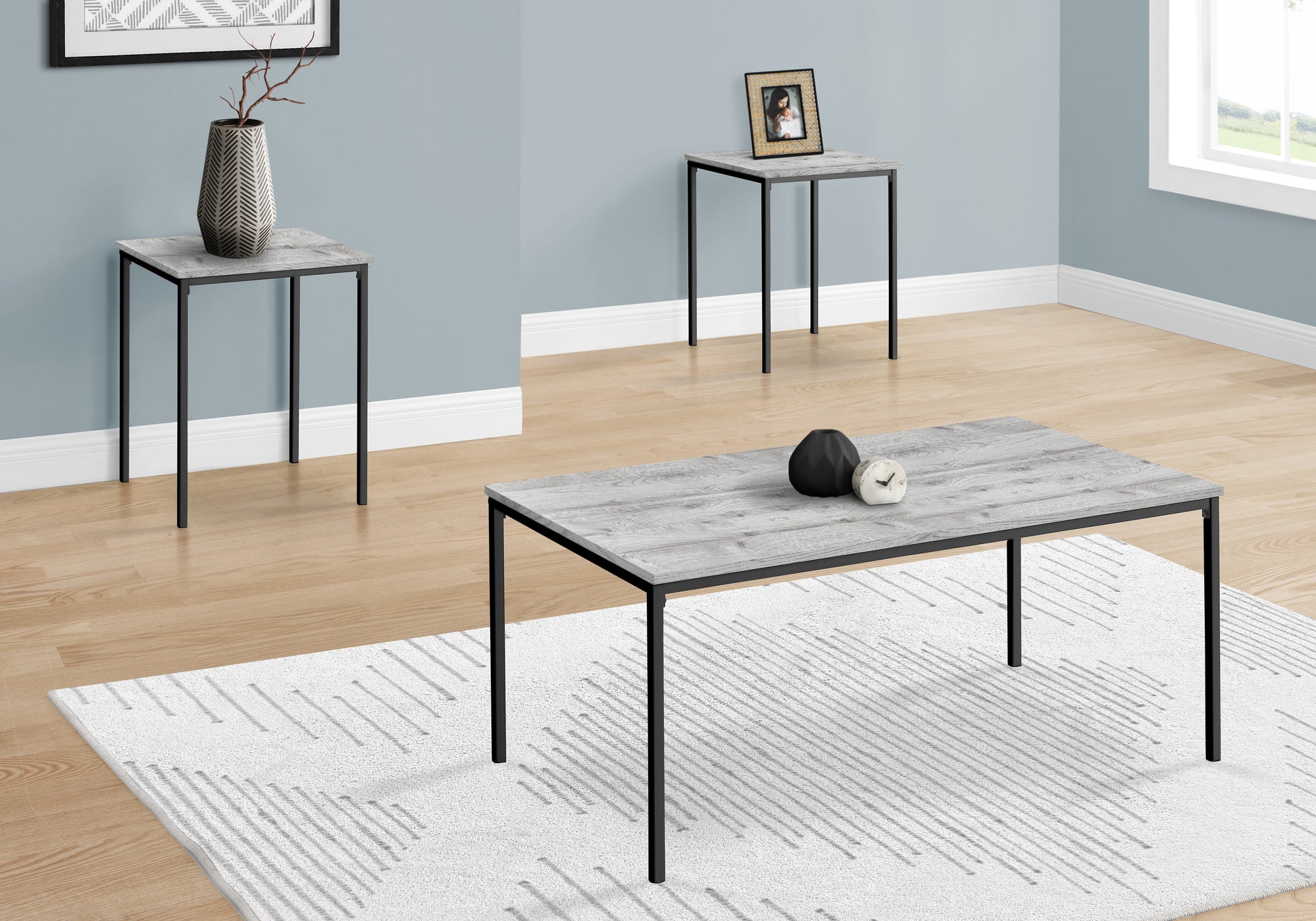 Thalia - Table Set 3pcs Set Coffee End Black Metal Grey Laminate