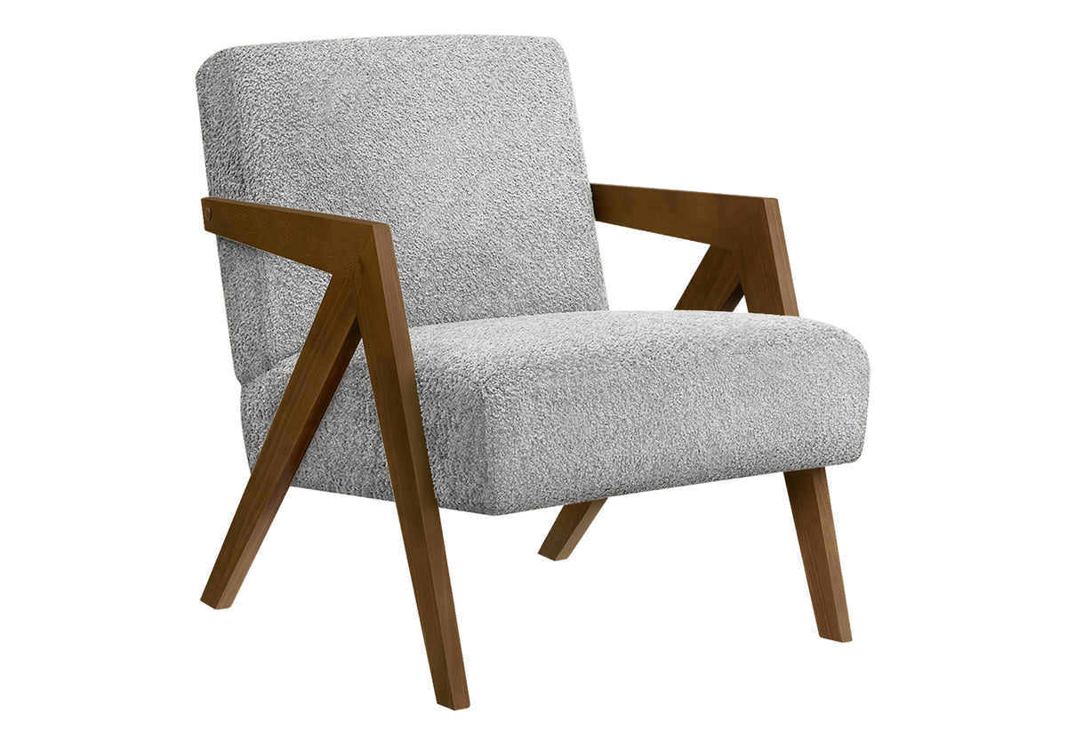 Accent Chair, 30"H, Upholstered, Living Room, Bedroom, Light Grey Fabric, Brown Walnut Solid Wood, Modern, Mid Century