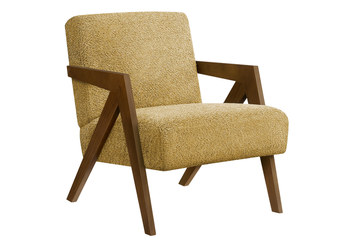 Accent Chair, 30"H, Upholstered, Living Room, Bedroom, Yellow Fabric, Brown Walnut Solid Wood, Modern, Mid Century