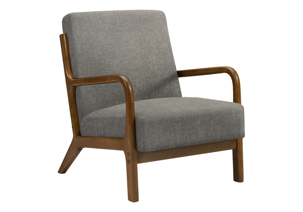 Accent Chair, 34"H, Upholstered, Living Room, Bedroom, Dark Grey Fabric, Brown Walnut Solid Wood, Modern, Mid Century