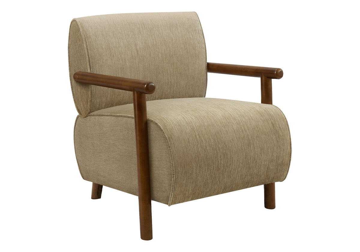 Accent Chair, 31"H, Upholstered, Living Room, Bedroom, Light Brown Fabric, Brown Walnut Solid Wood, Modern, Mid Century
