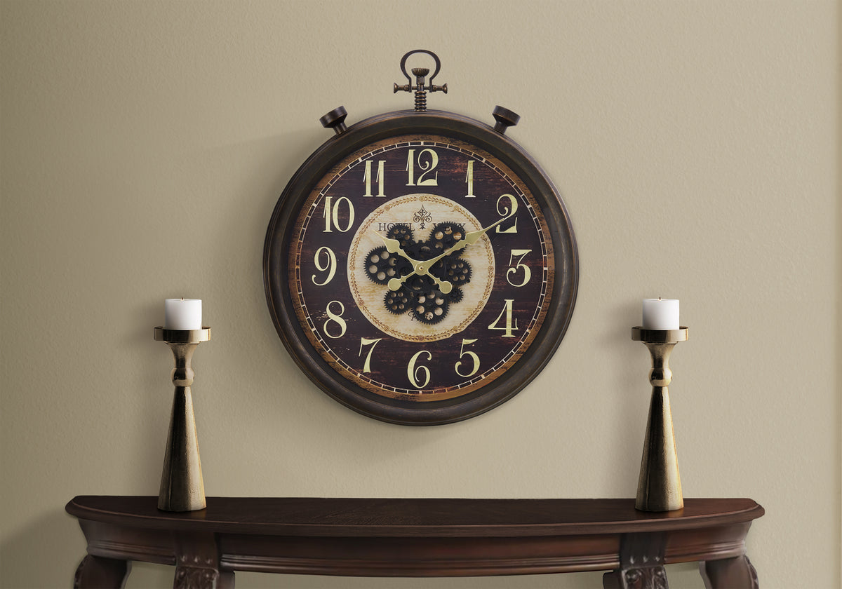 Ediva - Clocks 24" Round Gear Mechanism Wall Clock Brown Traditional
