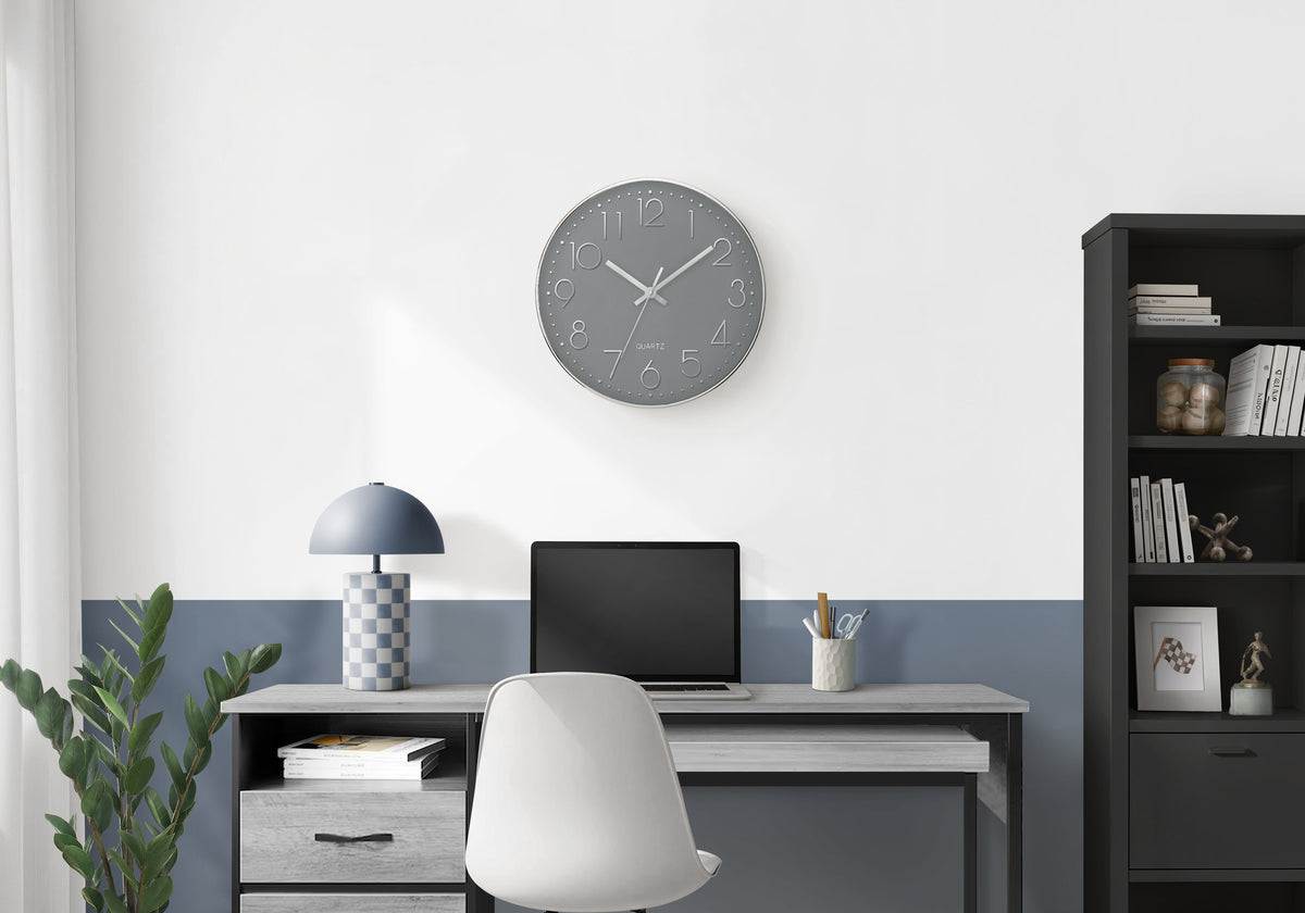 Kala - Clocks 12" Round Wall Clock Grey Face Silver Frame Contemporary