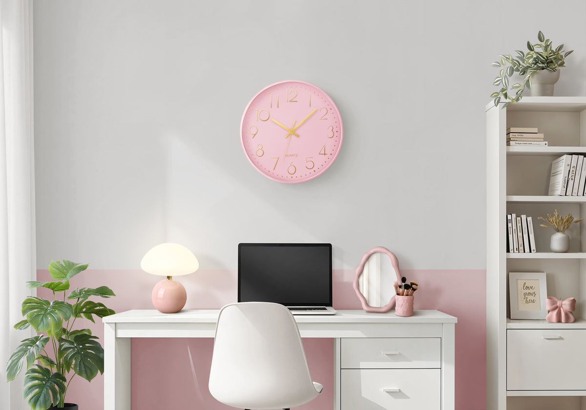 Alise - Clocks 12" Round Wall Clock Pink Face Pink Frame Contemporary