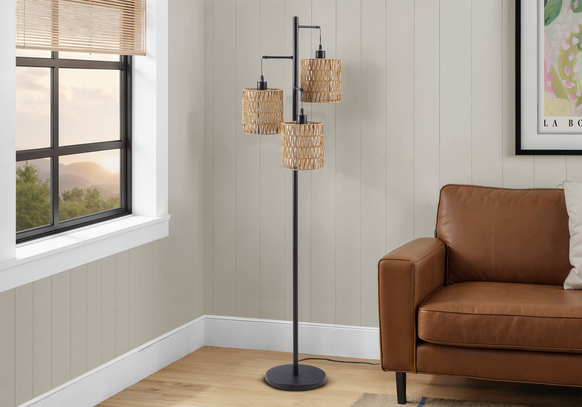 Edric - Lighting 73"H Floor Lamp Natural Rope Black Metal Modern