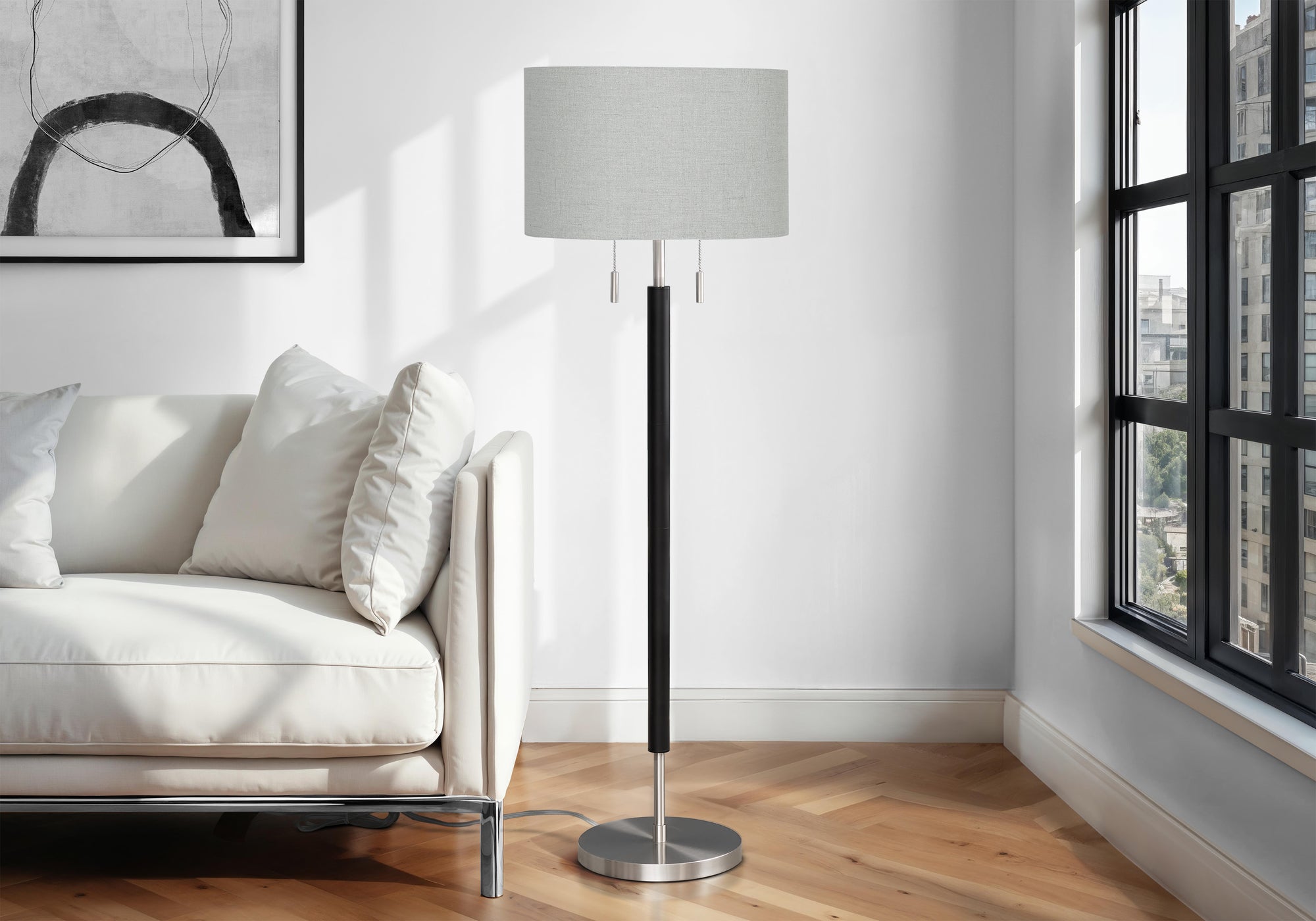 Janella - Lighting 60"H Floor Lamp Nickel Metal Grey Shade Contemporary
