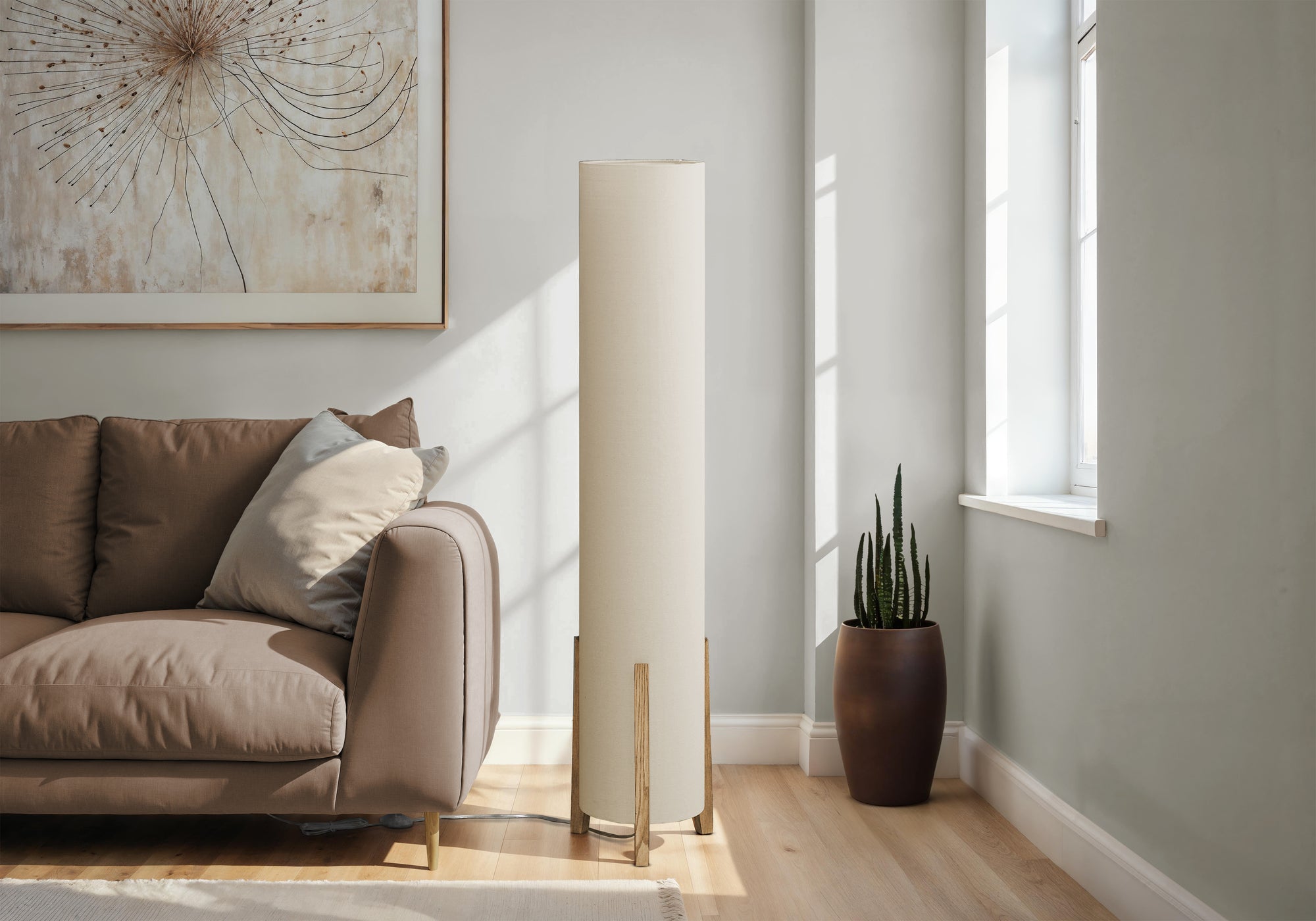 Lorand - Lighting 50"H Floor Lamp Brown Wood Look Ivory / Cream