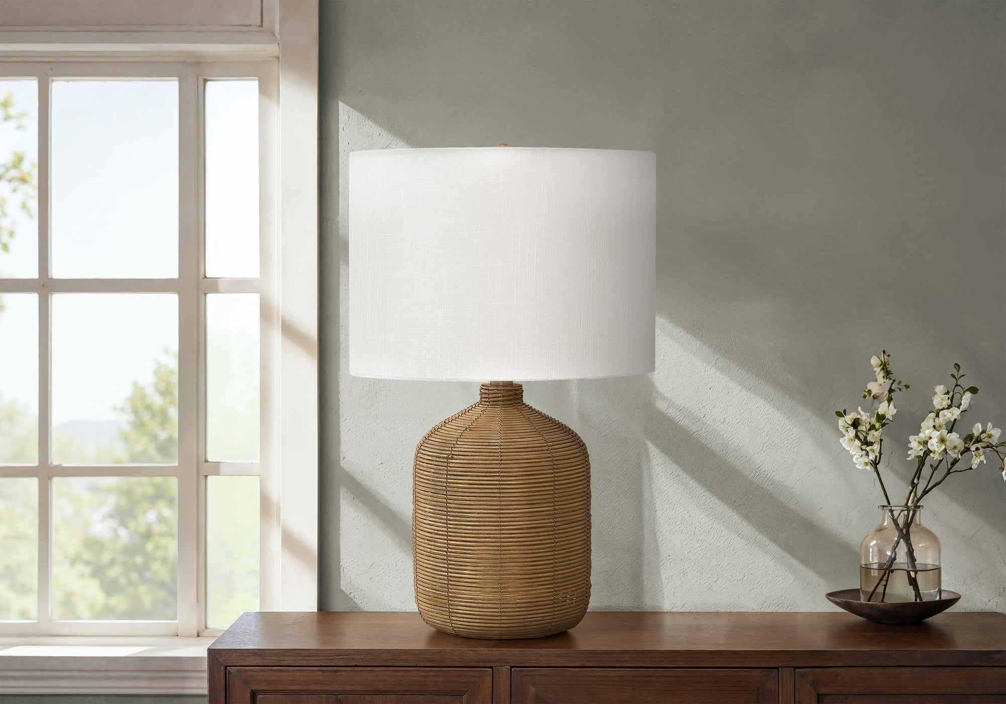 Acantha - Lighting 23"H Table Lamp Brown Rattan Beige Shade Modern