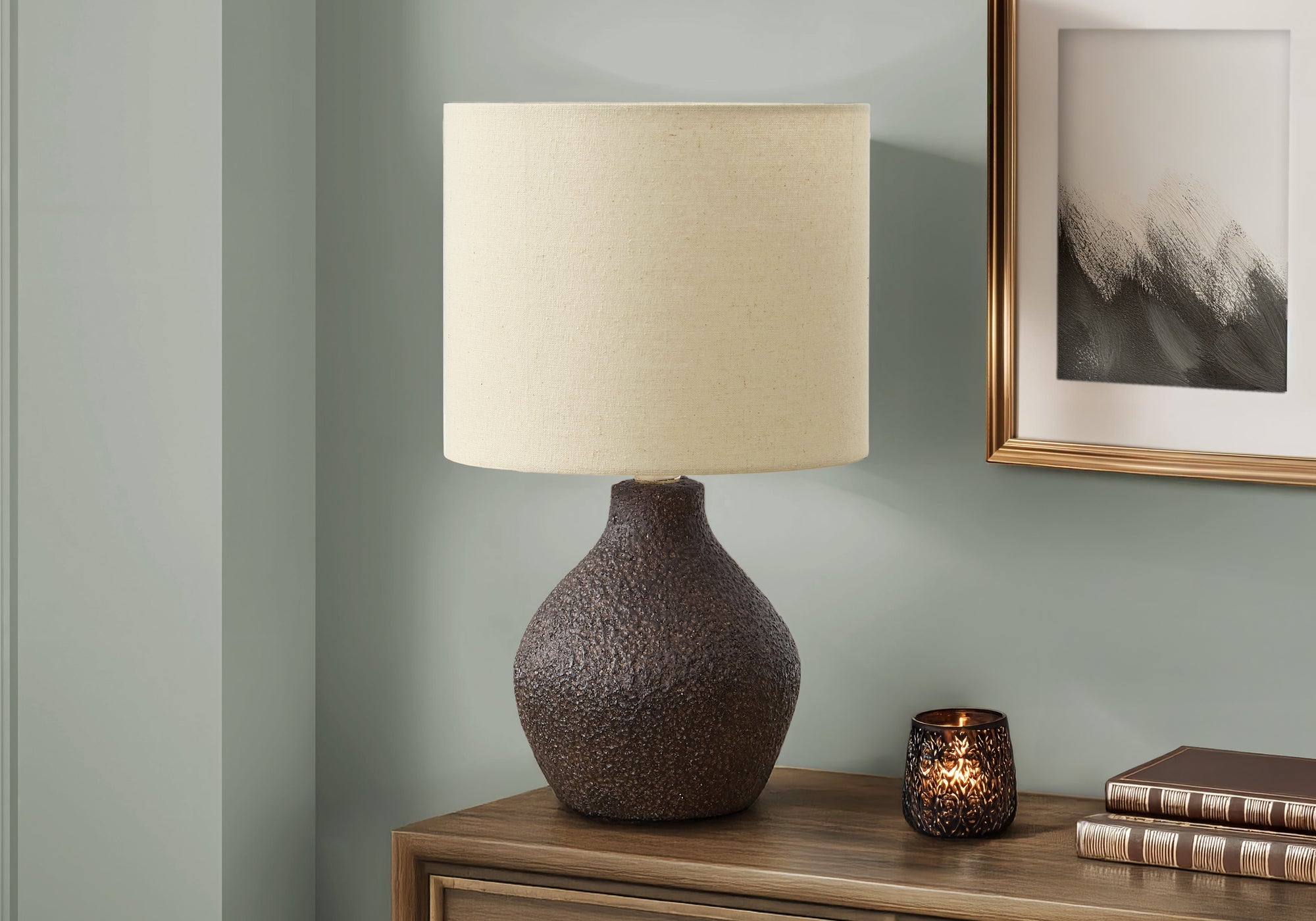 Tazara - Lighting 16"H Table Lamp Brown Resin Beige Shade Contemporary