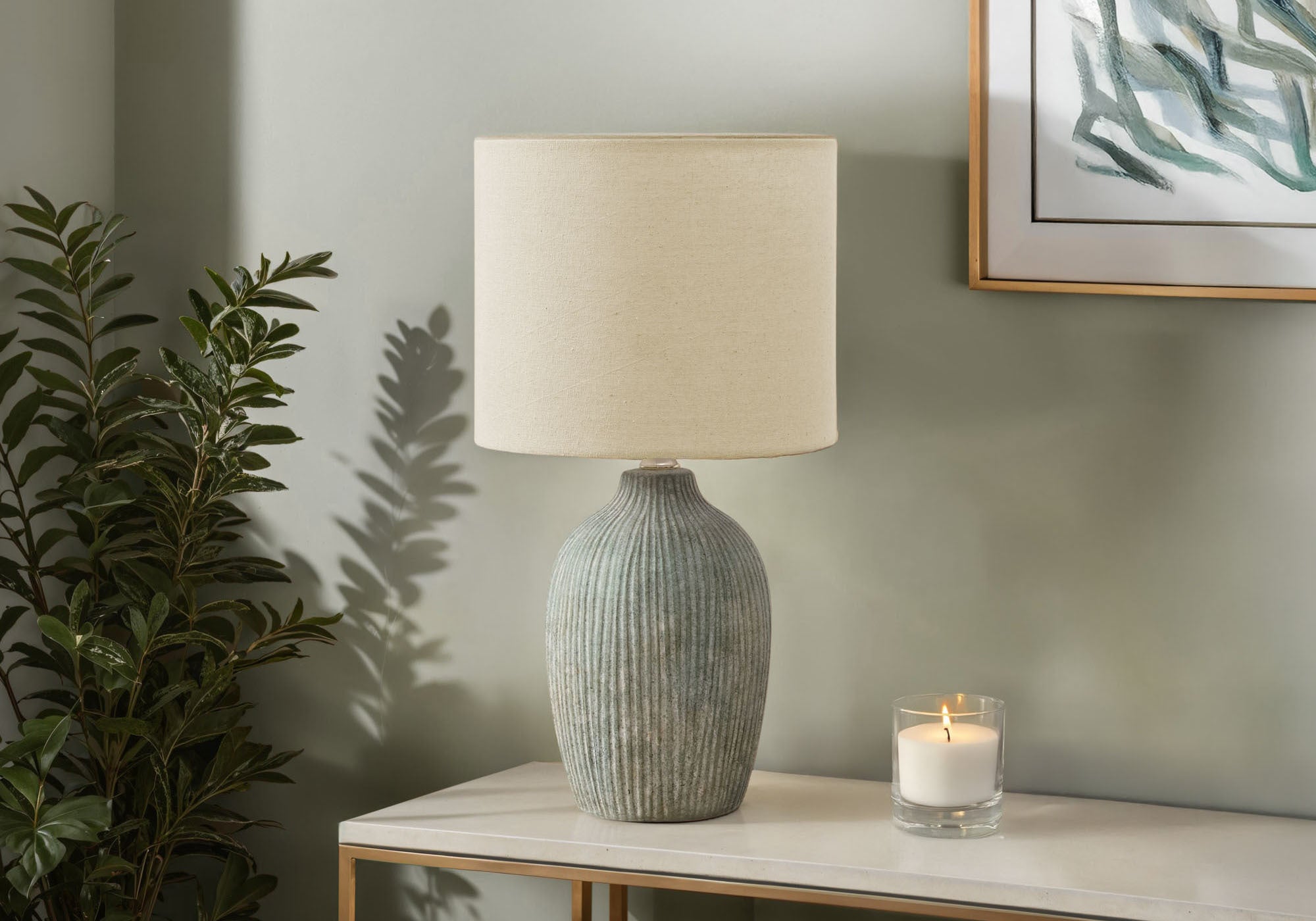Liberte - Lighting Table Lamp 18"H Green Ceramic Beige Shade Contemporary Modern