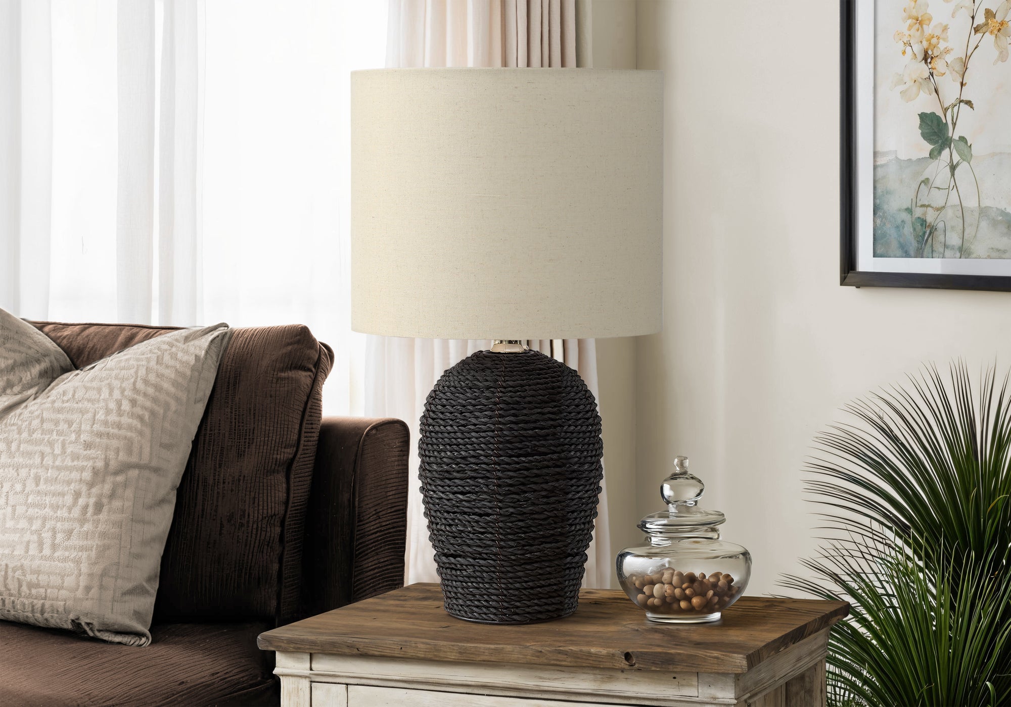 Luis - Lighting 17"H Table Lamp Black Rattan Beige Shade Transitional