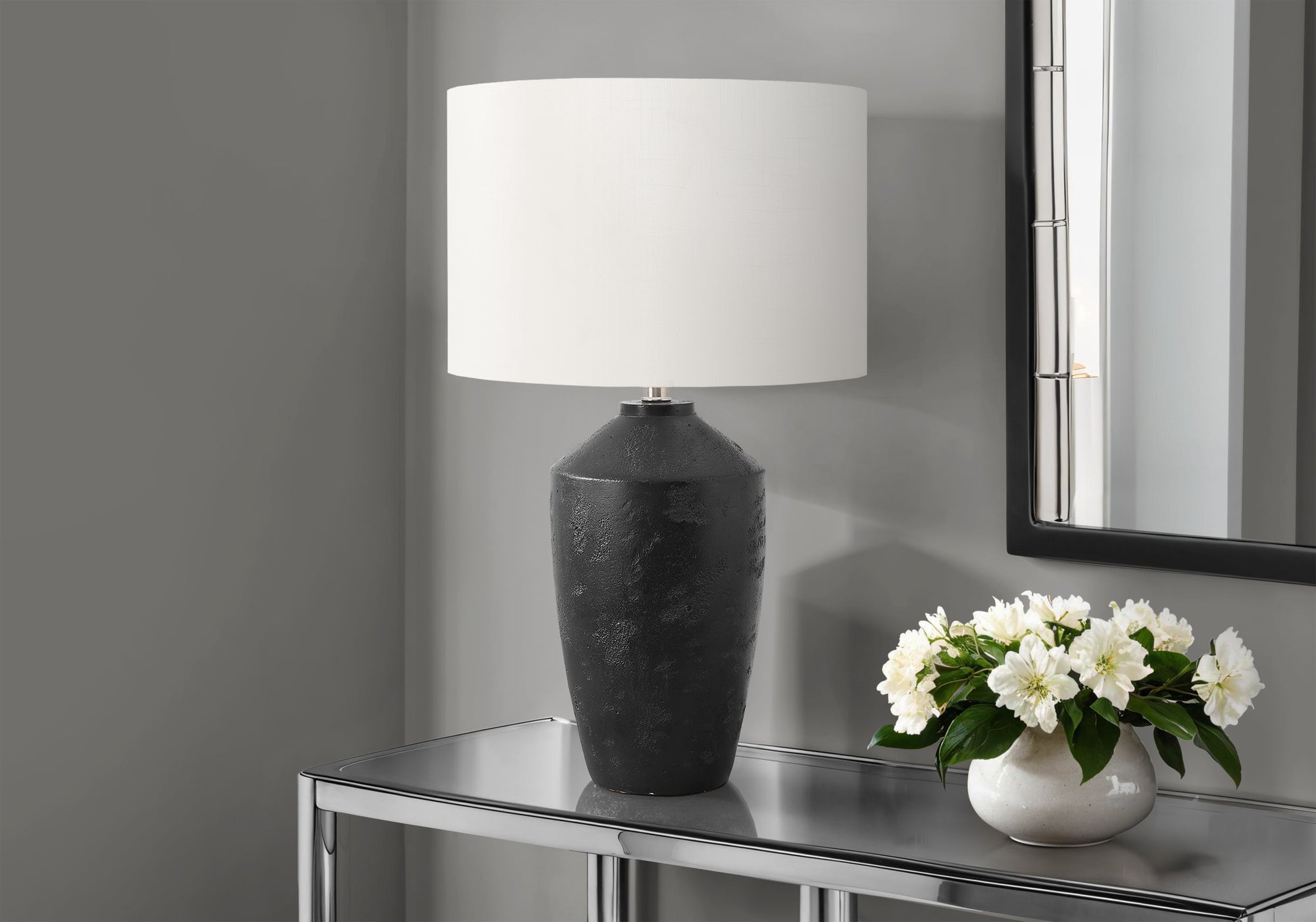Asgart - Lighting 25"H Table Lamp Black Concrete Ivory / Cream Shade