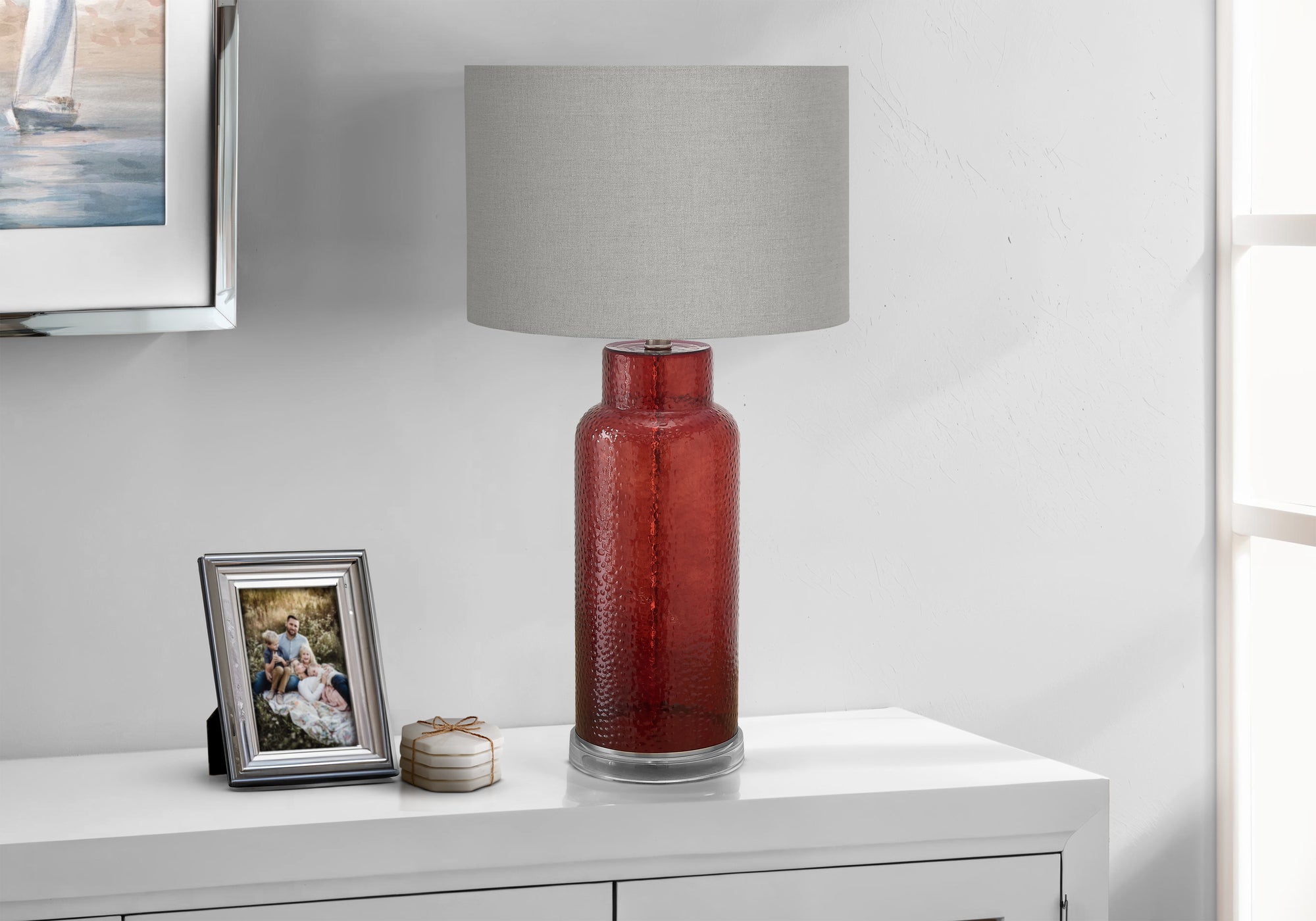 Mallison - Lighting 28"H Table Lamp Red Glass Grey Shade Contemporary Modern