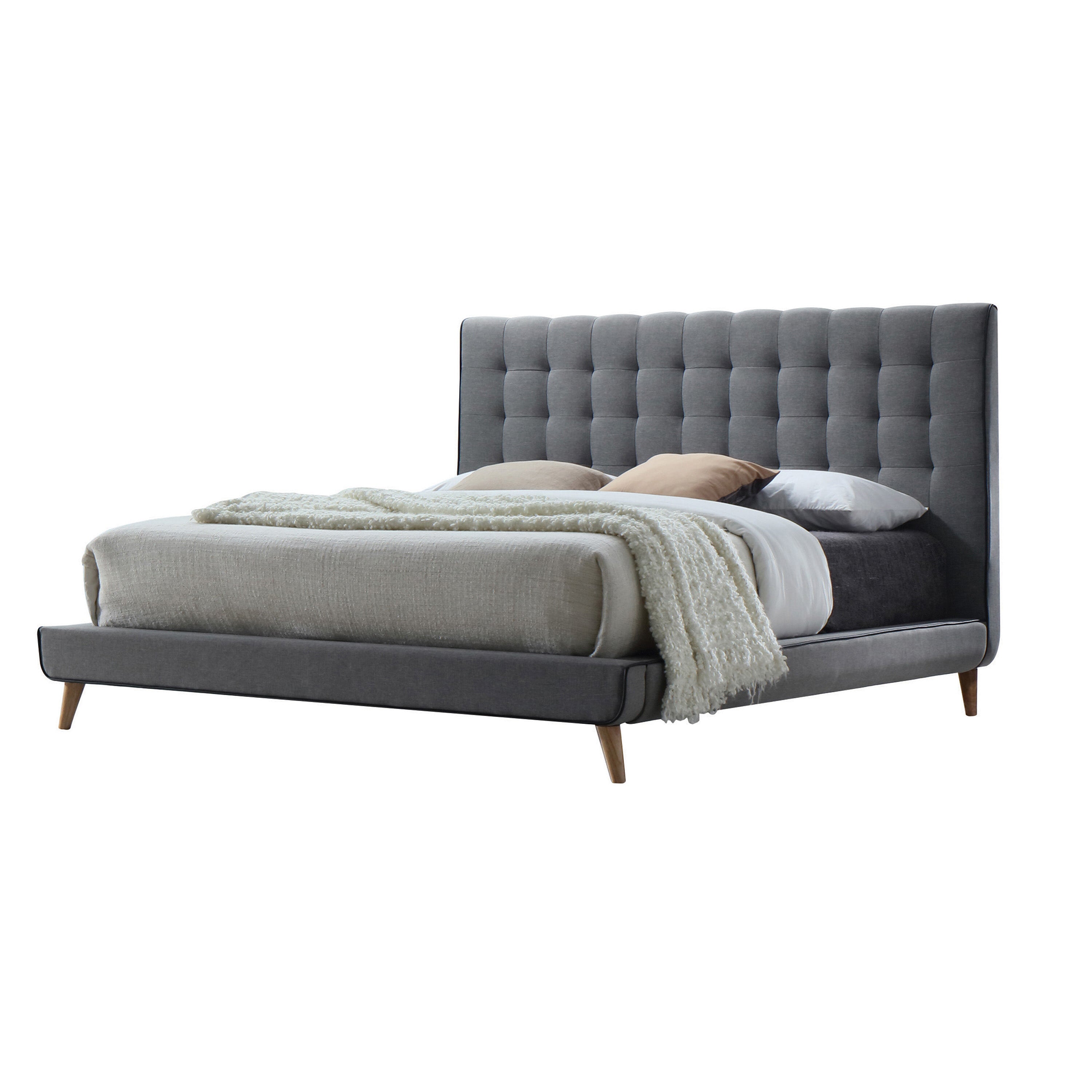 Harshit Valda Collection Queen Light Gray Fabric Bed – Contemporary Style with Upholstered Headboard
