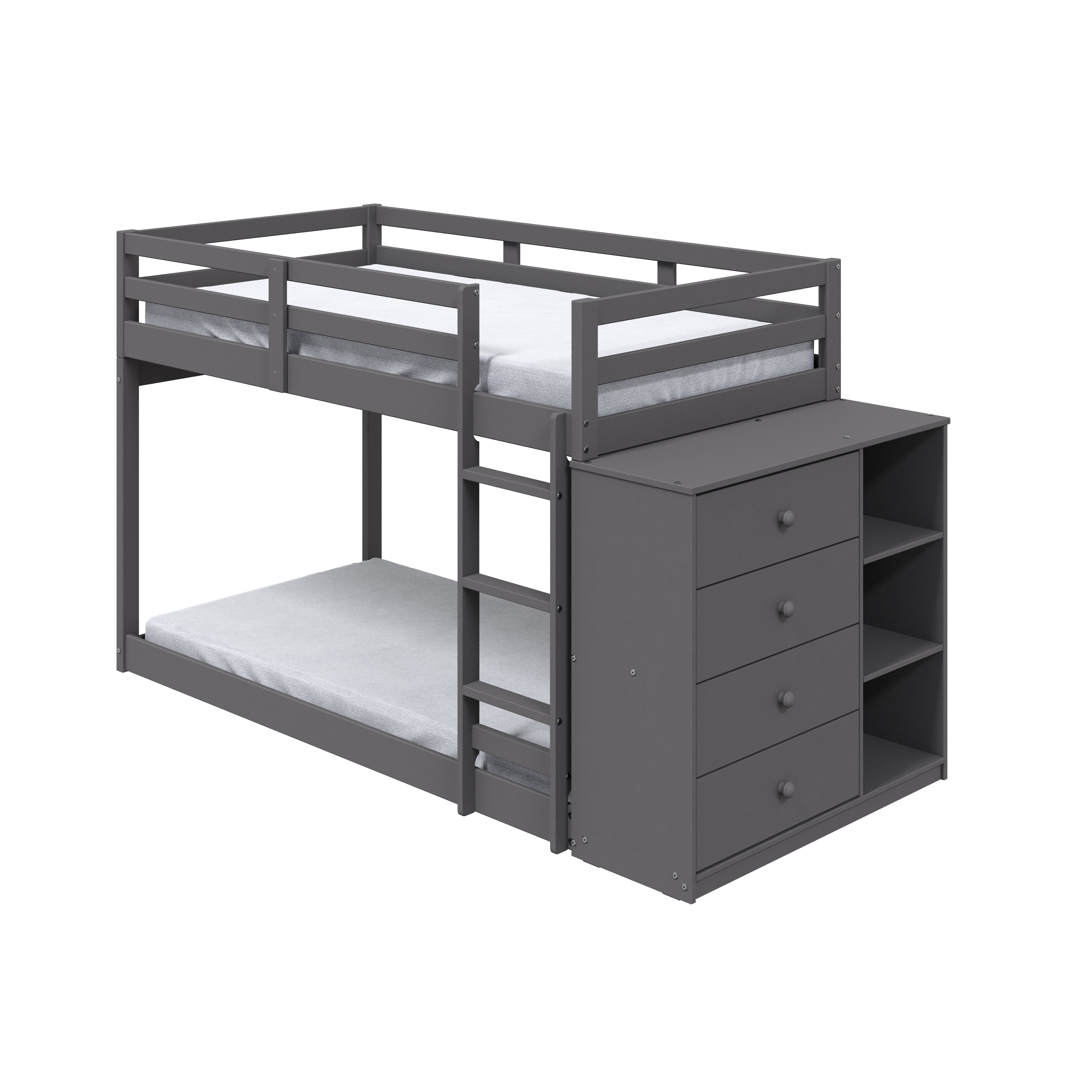Nastik Gaston Gray Wood Bunk Bed T/T – With Drawers, Compartments & Ladder