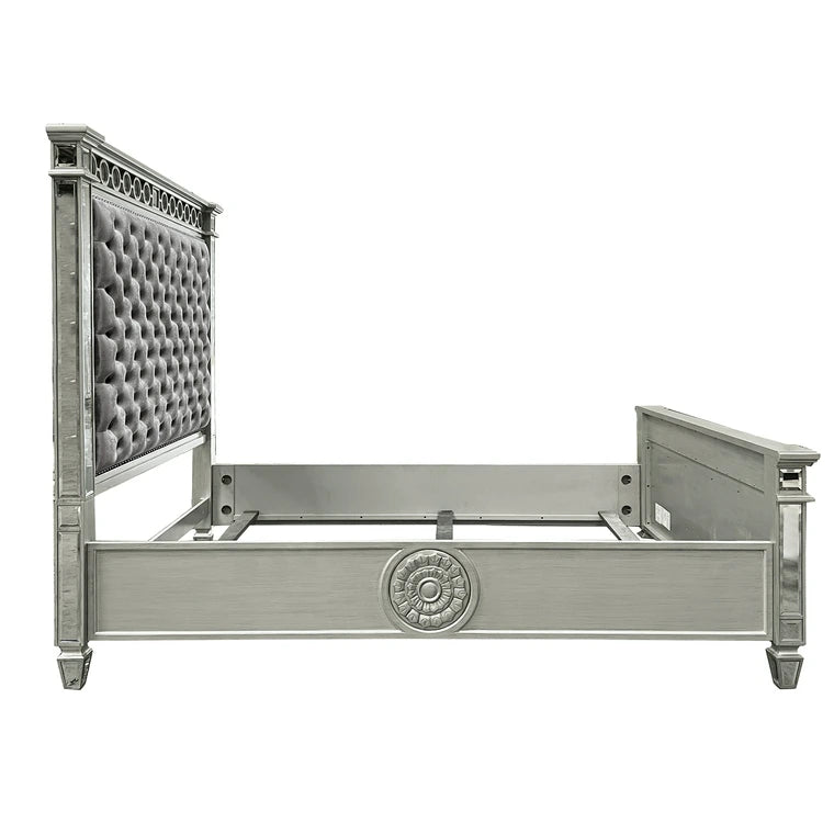 Barman Varian Collection Queen Bed Gray Fabric – Contemporary Mirrored Accents