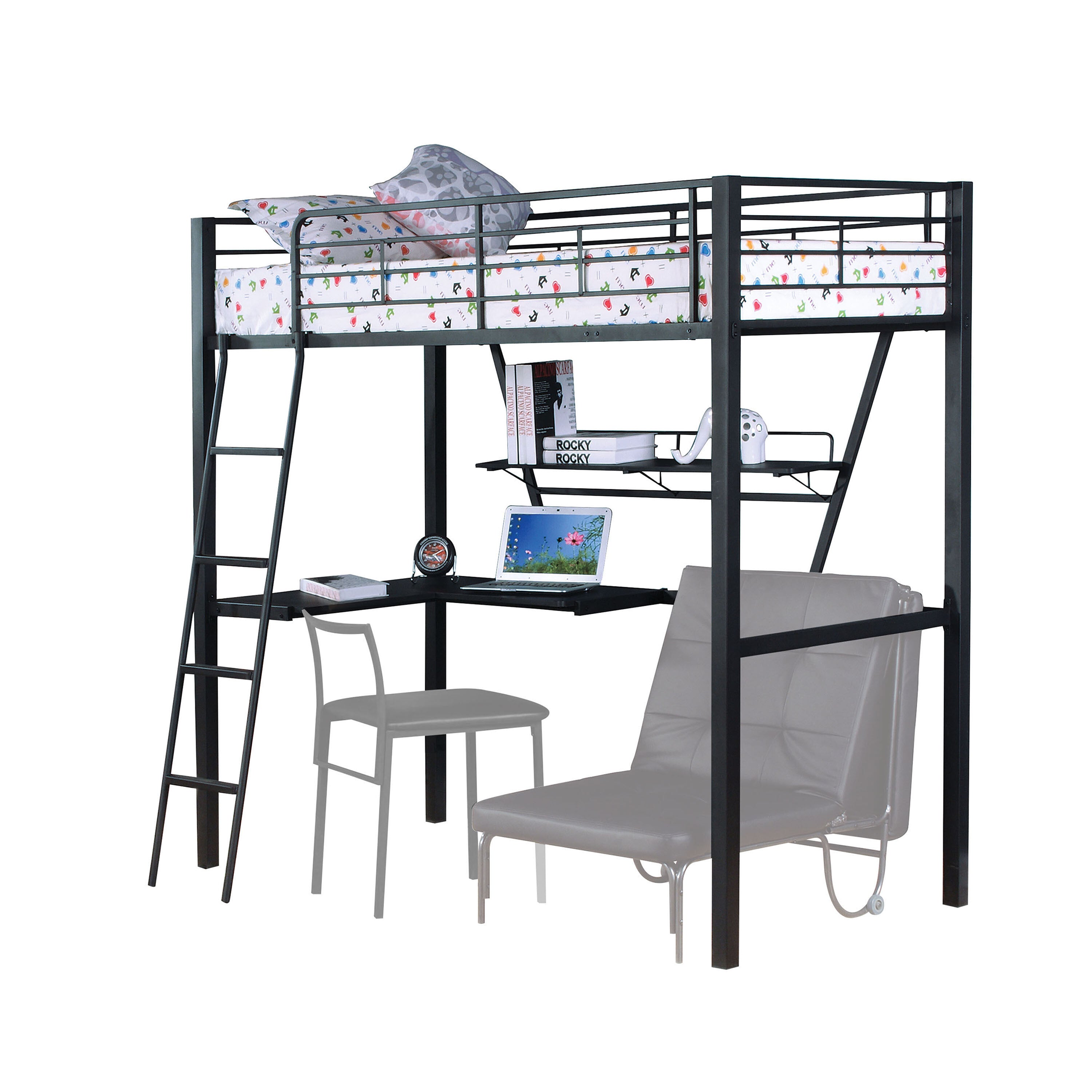 Goa Senon Twin Silver Black Metal Loft Bed – Industrial Style Space-Saver with Integrated Study Desk & 58" Clearance