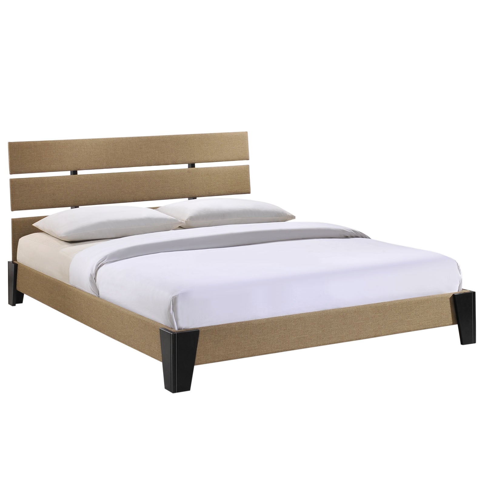 Thomas Queen Size Fabric Platform Bed – Latte Color with Black Wood Legs