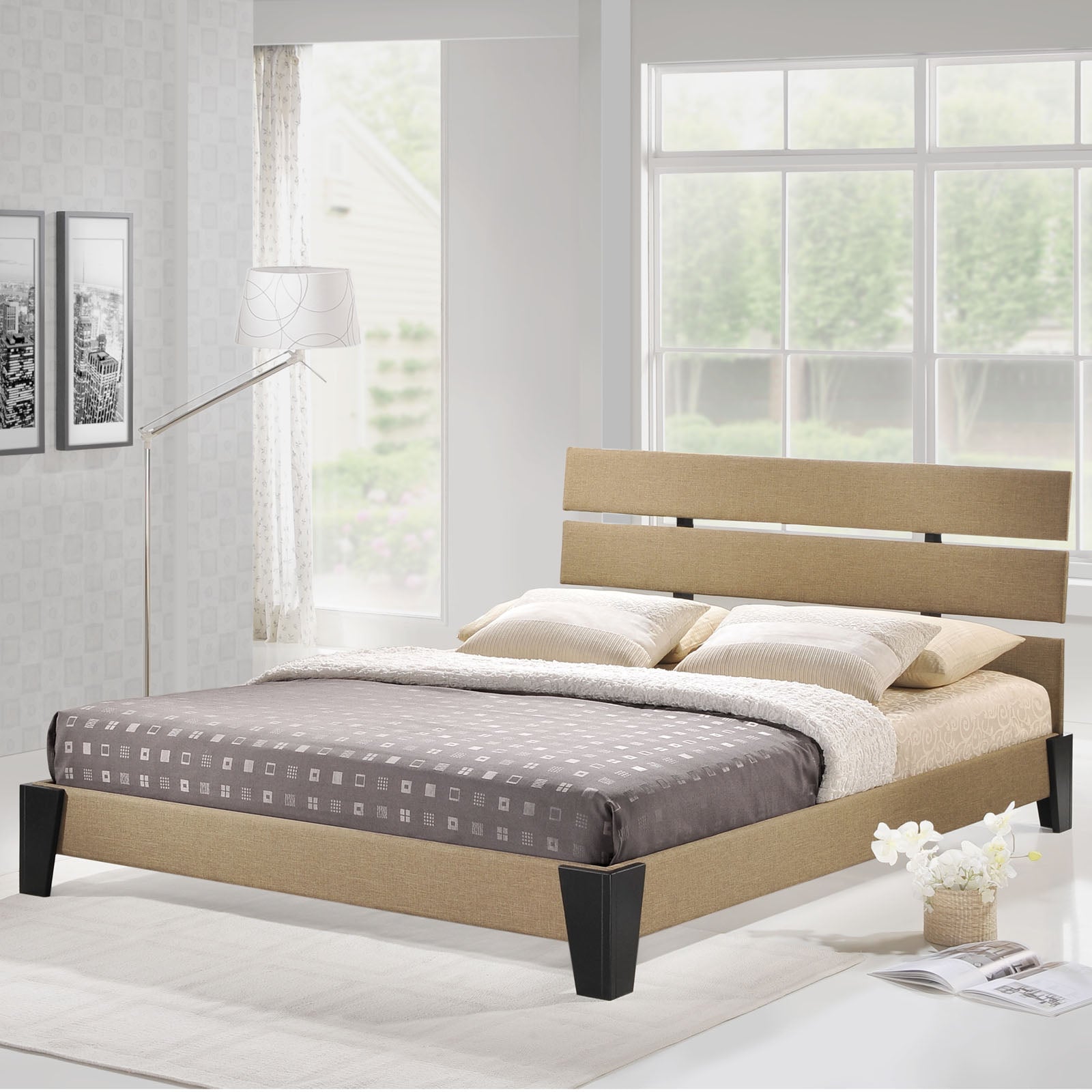 Thomas Queen Size Fabric Platform Bed – Latte Color with Black Wood Legs