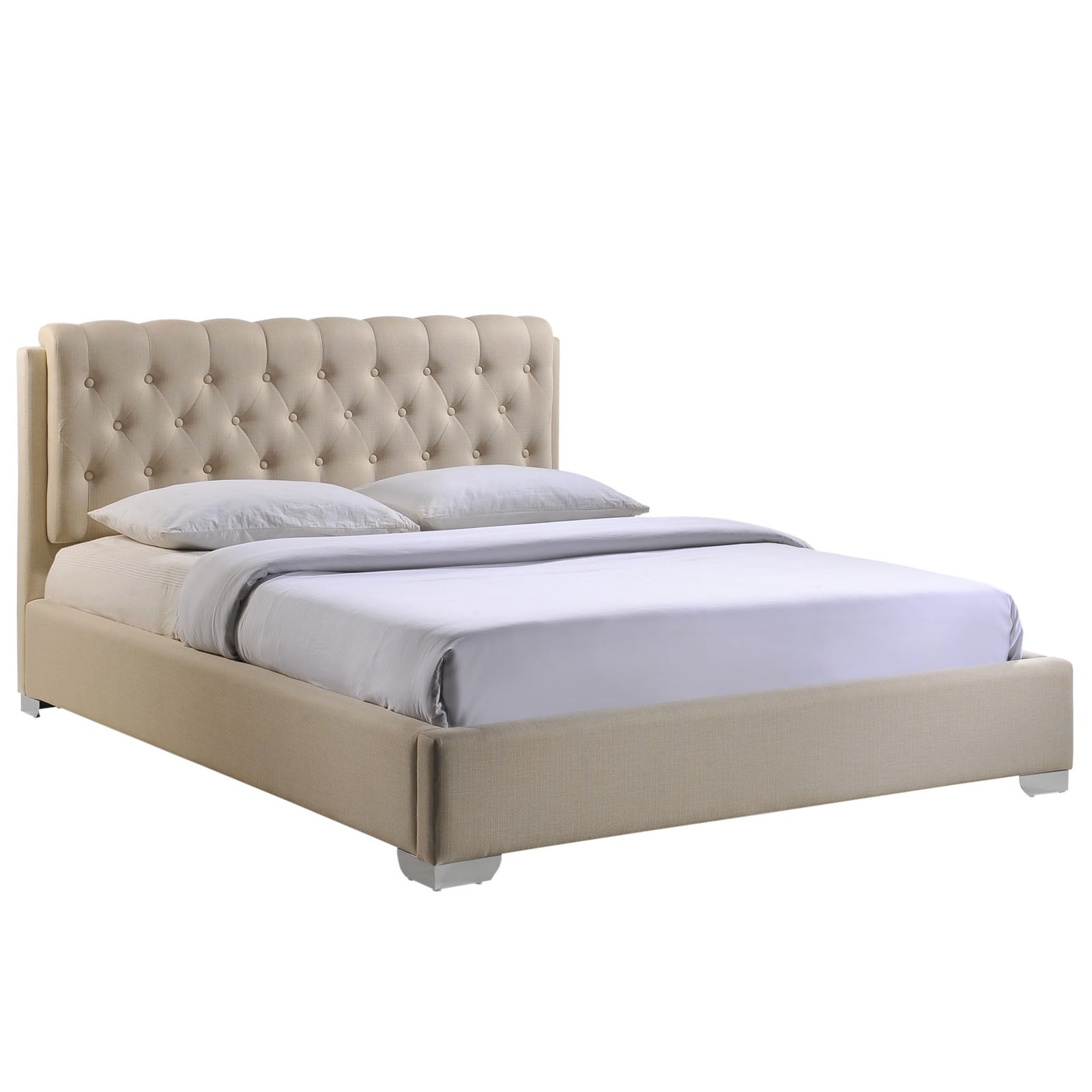 Zane Queen Fabric Platform Bed – Beige Contemporary Panel Bed with Chrome Legs