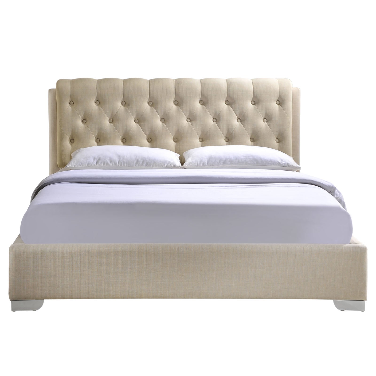 Zane Queen Fabric Platform Bed – Beige Contemporary Panel Bed with Chrome Legs