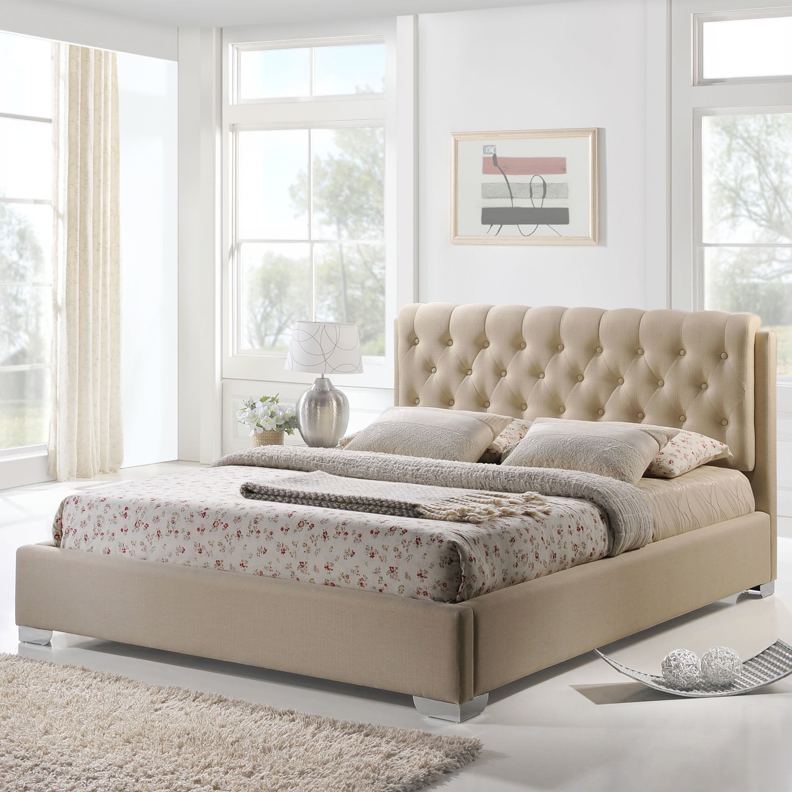 Zane Queen Fabric Platform Bed – Beige Contemporary Panel Bed with Chrome Legs