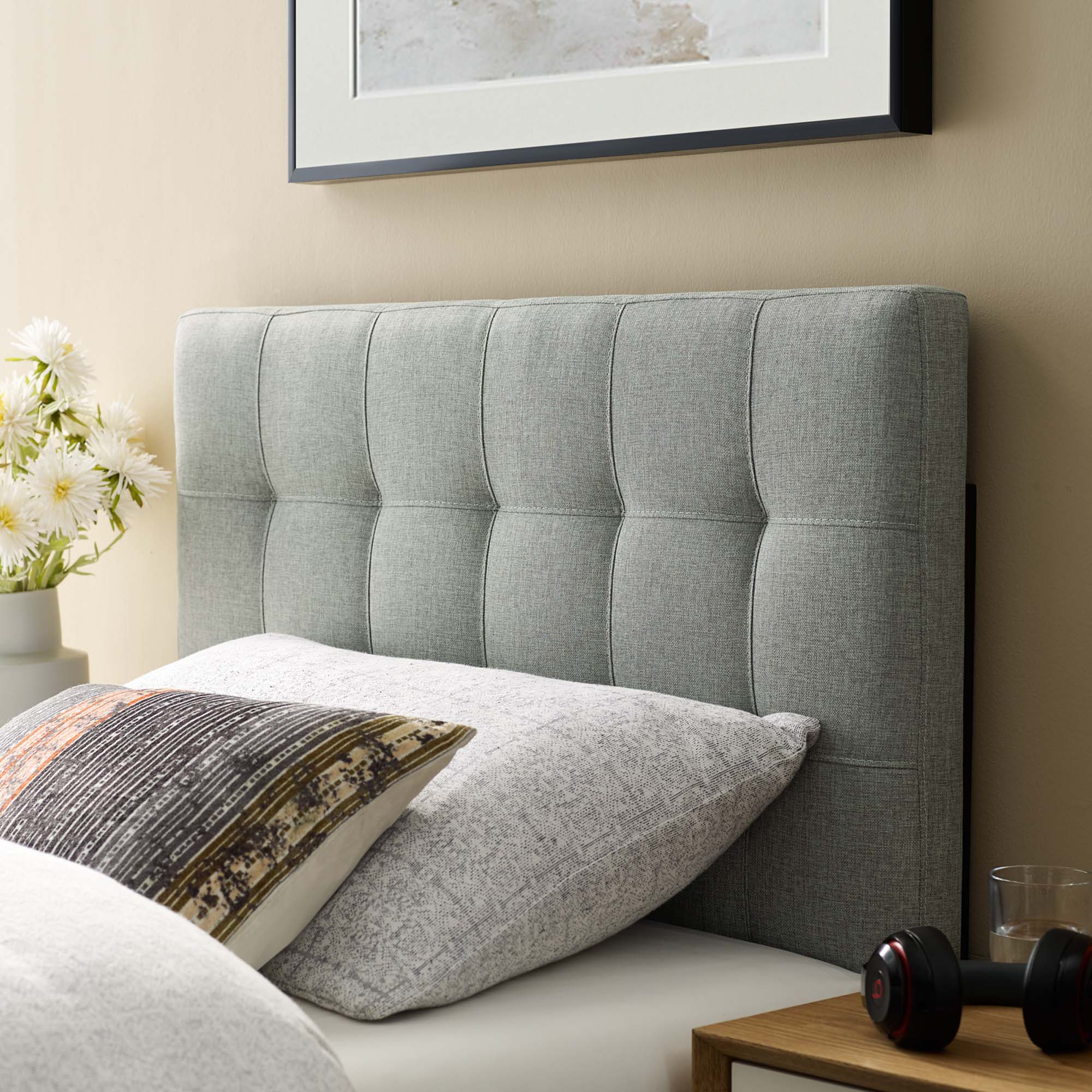 Lily Upholstered Fabric Twin Headboard, Gray