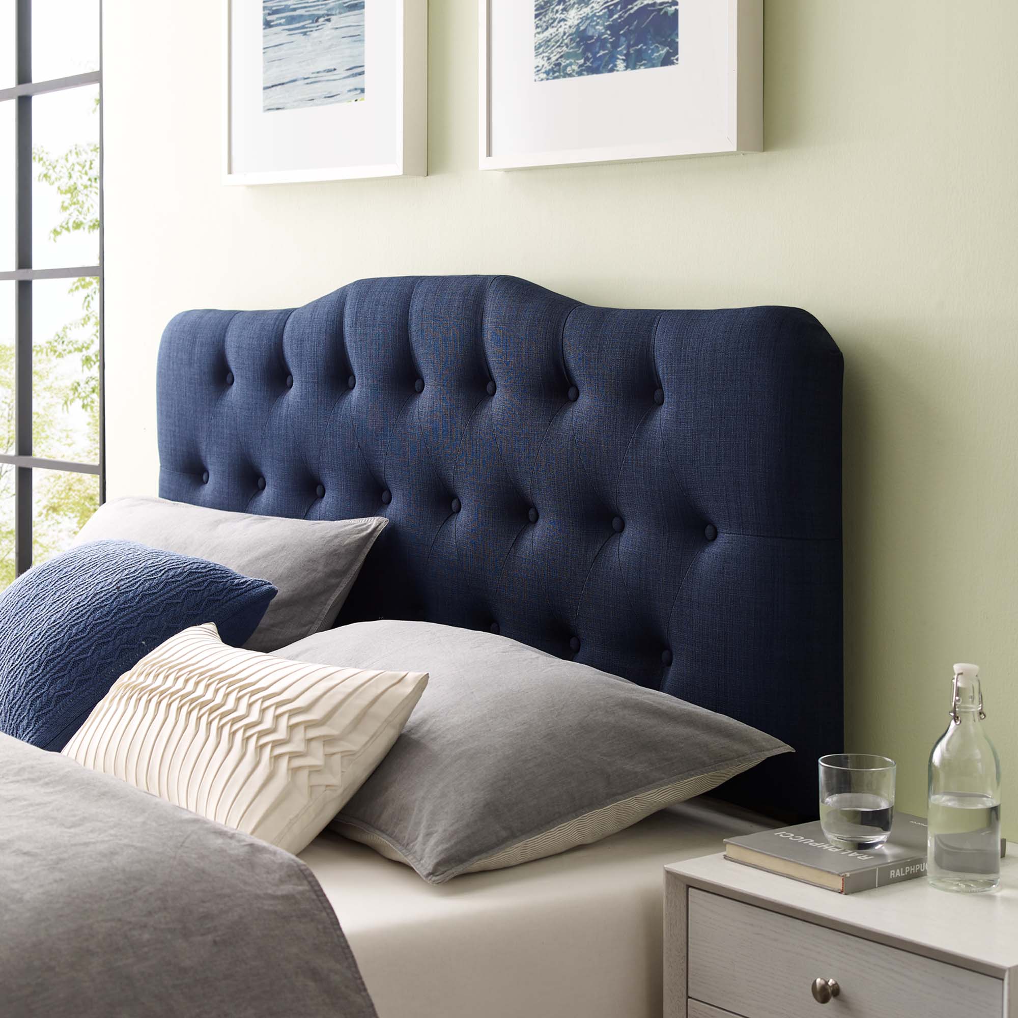 Annabel Upholstered Fabric Queen Headboard, Navy