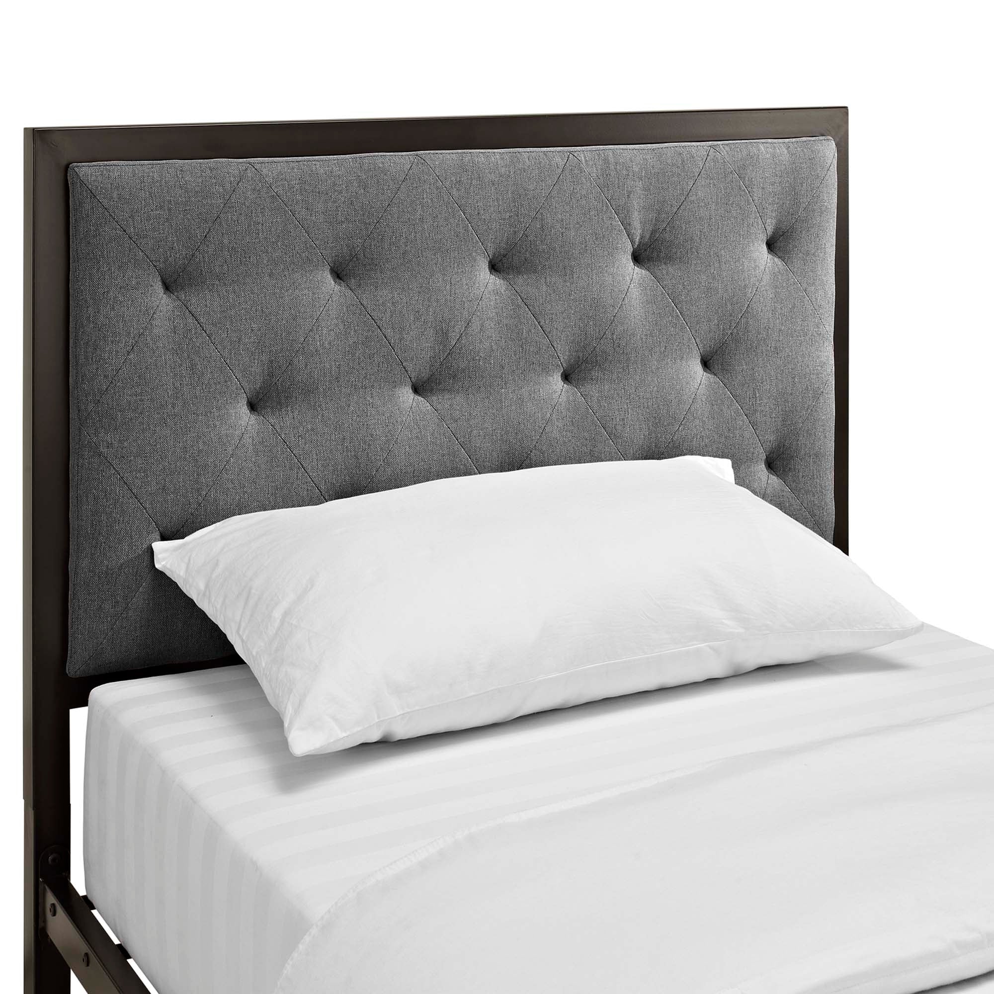 Daven Twin Brown Grey Fabric Platform Bed Tufted Button Headboard Steel Frame Construction
