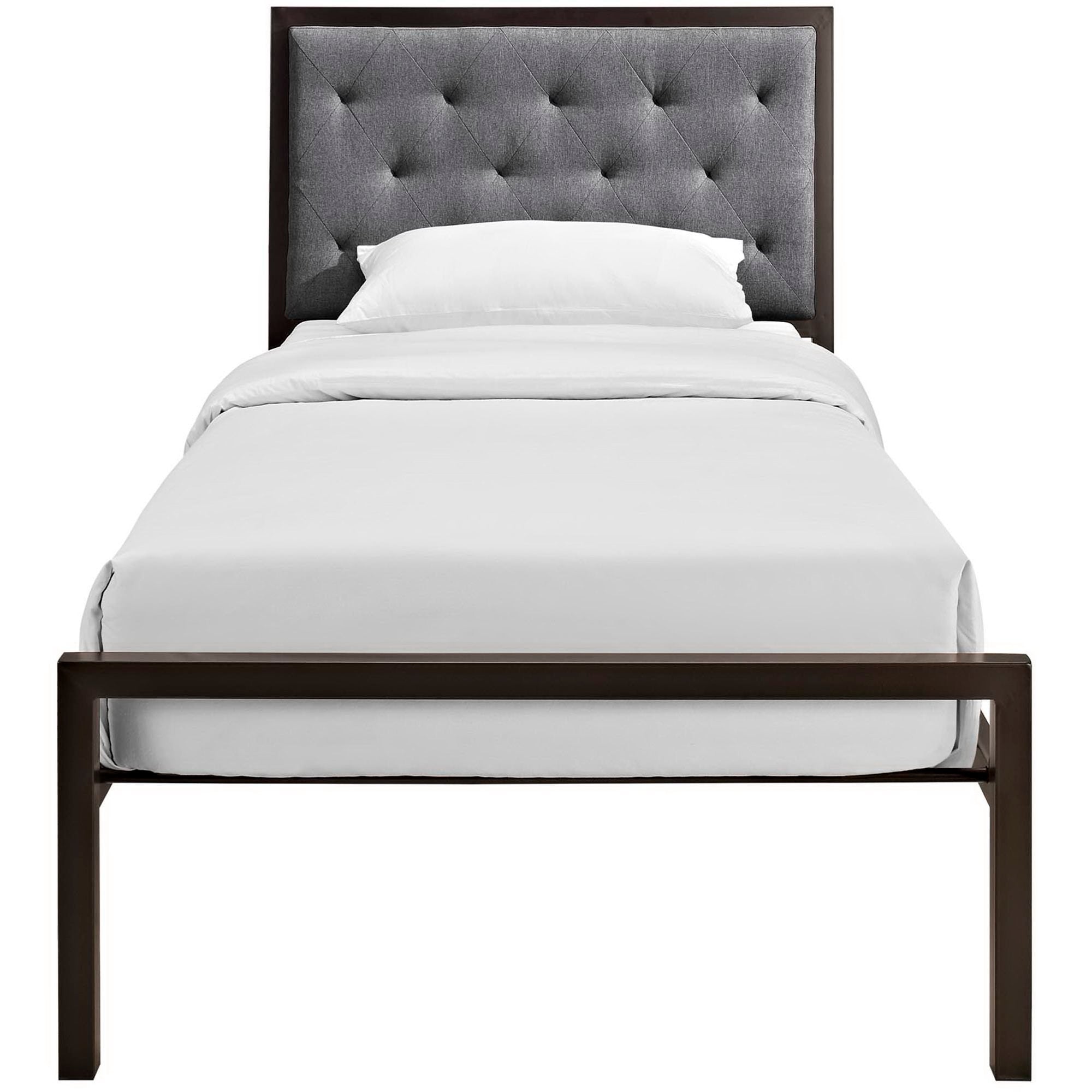 Daven Twin Brown Grey Fabric Platform Bed Tufted Button Headboard Steel Frame Construction