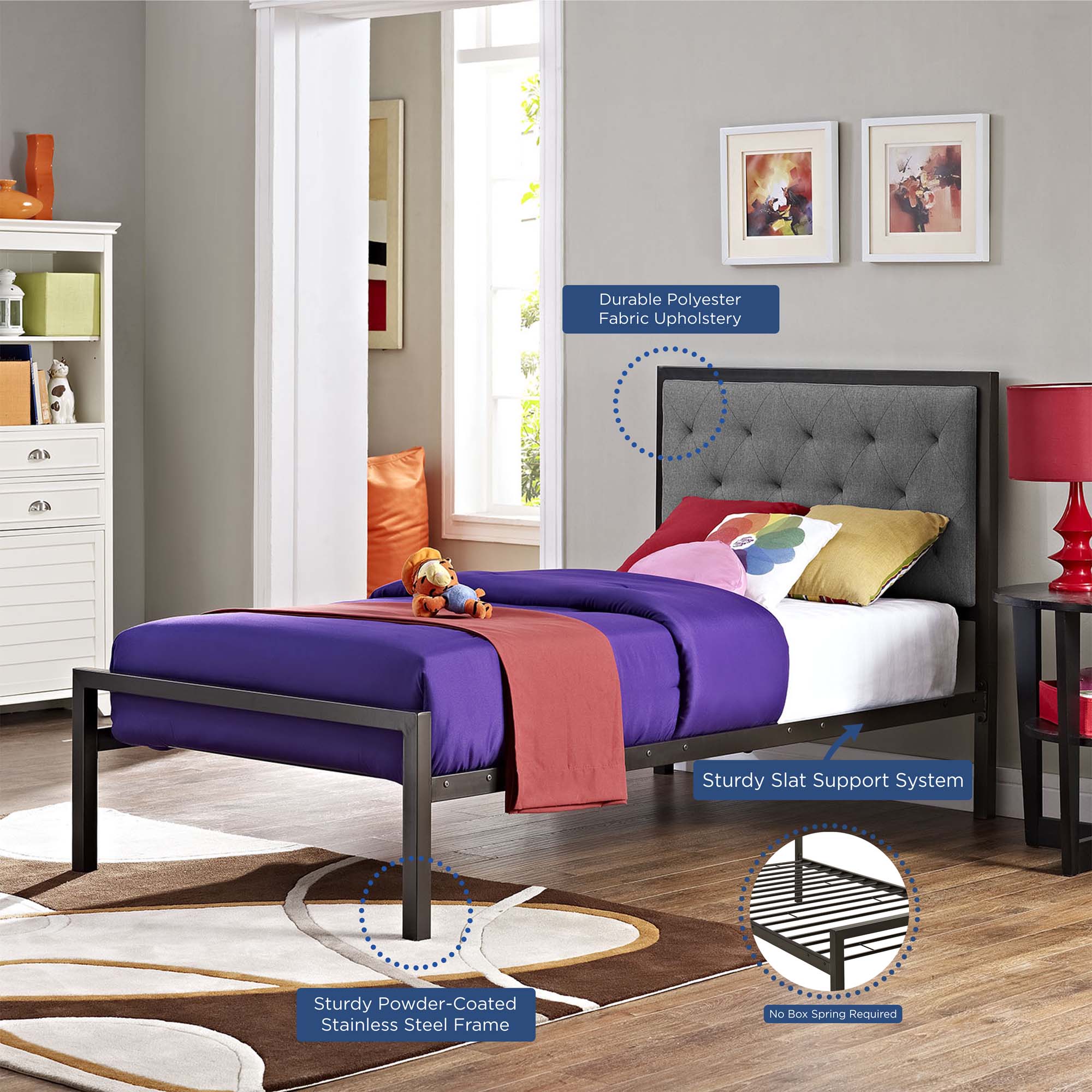 Daven Twin Brown Grey Fabric Platform Bed Tufted Button Headboard Steel Frame Construction