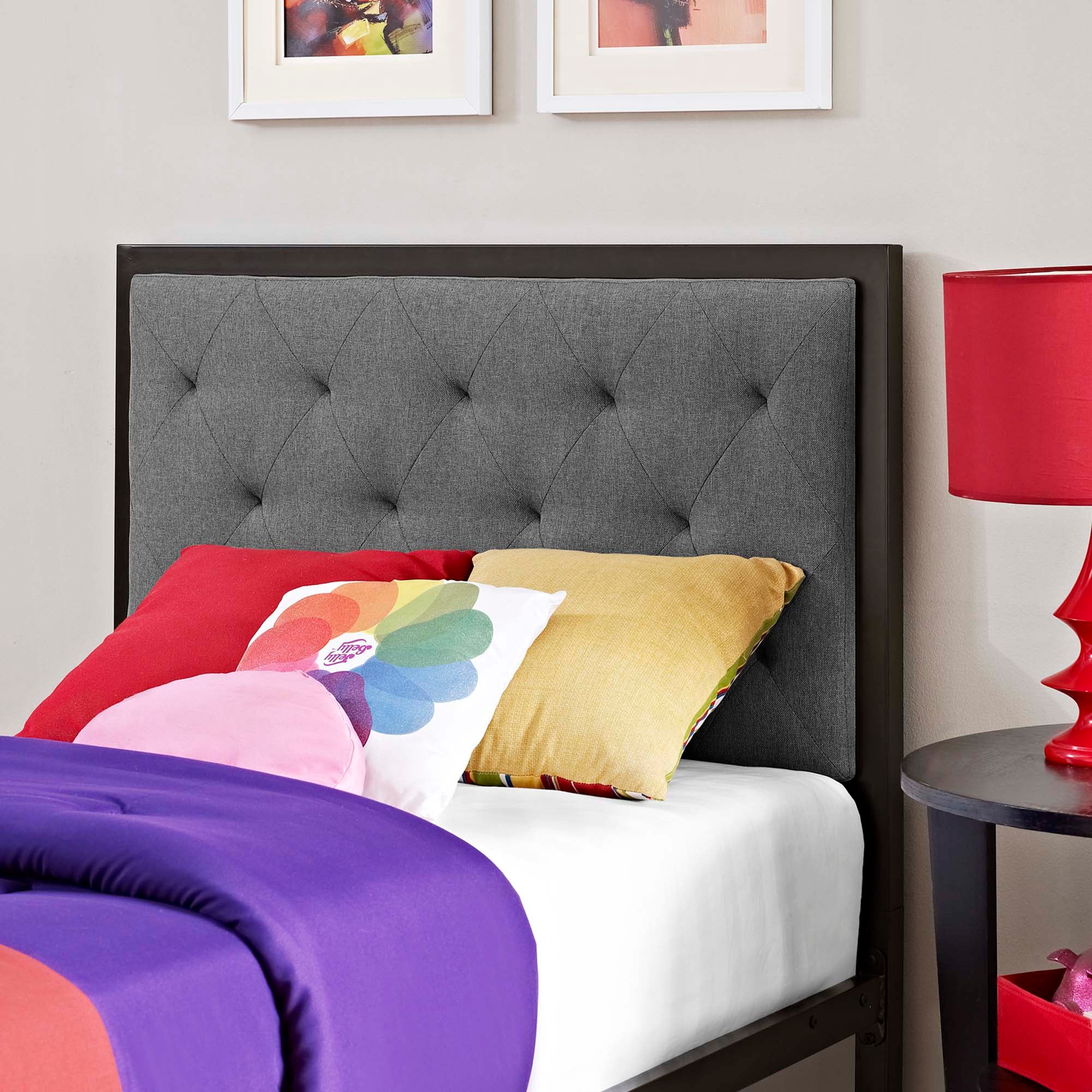 Daven Twin Brown Grey Fabric Platform Bed Tufted Button Headboard Steel Frame Construction