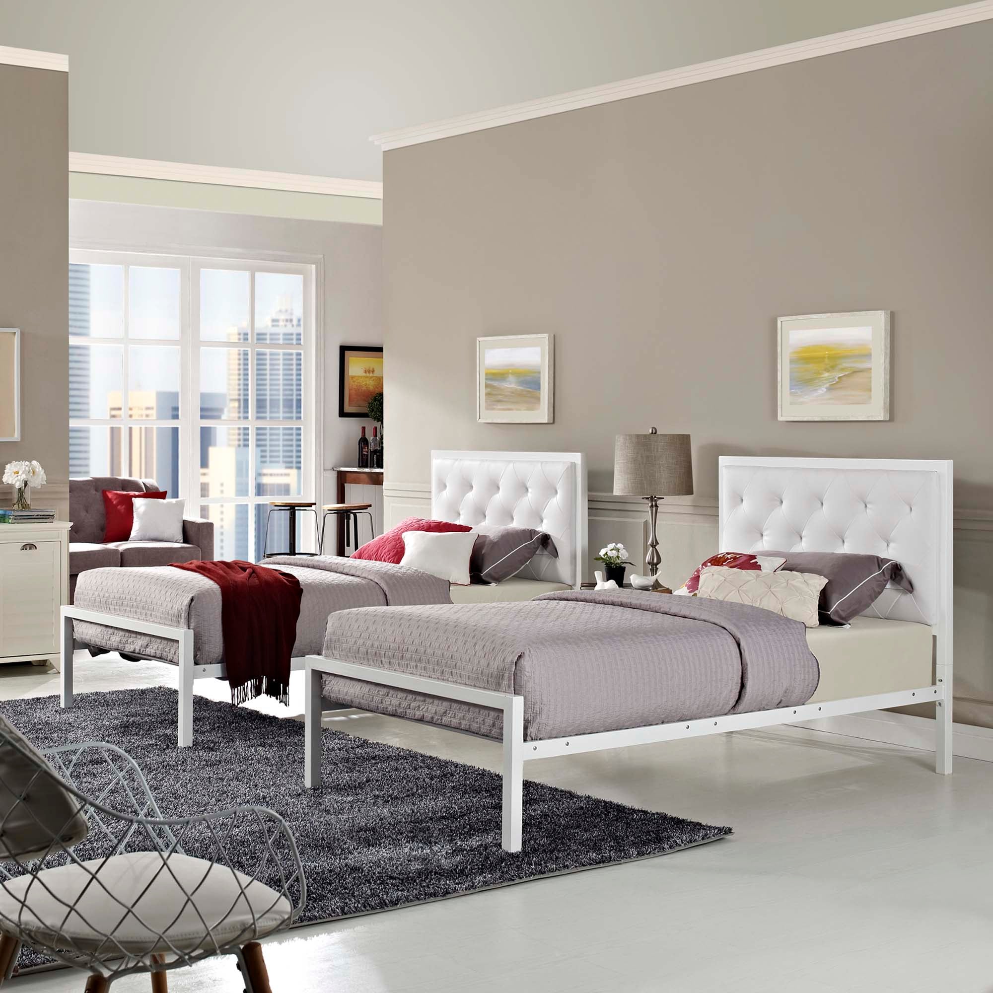 Vivi Modern Twin White Vinyl Bed Frame Platform Style with Tufted Headboard