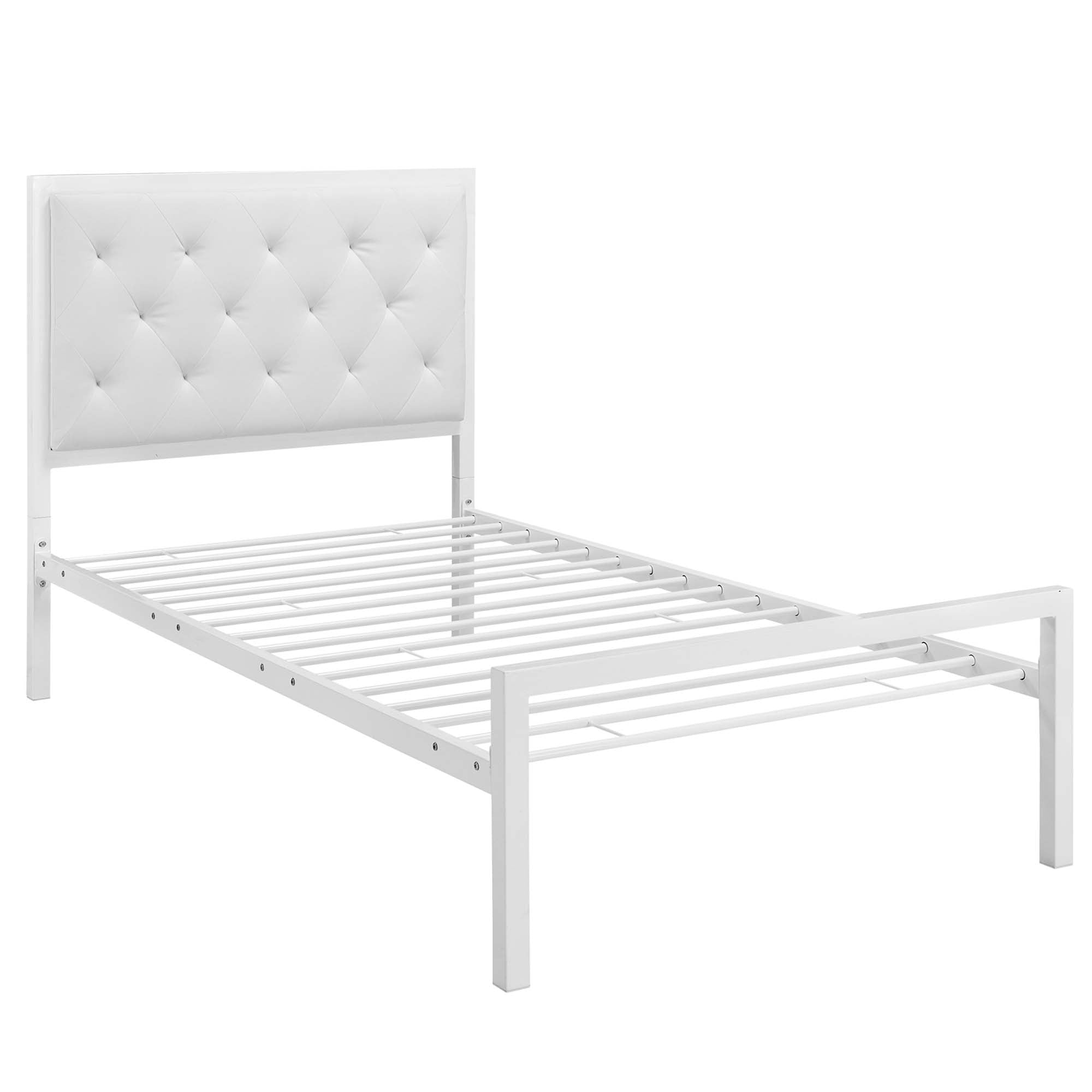 Vivi Modern Twin White Vinyl Bed Frame Platform Style with Tufted Headboard