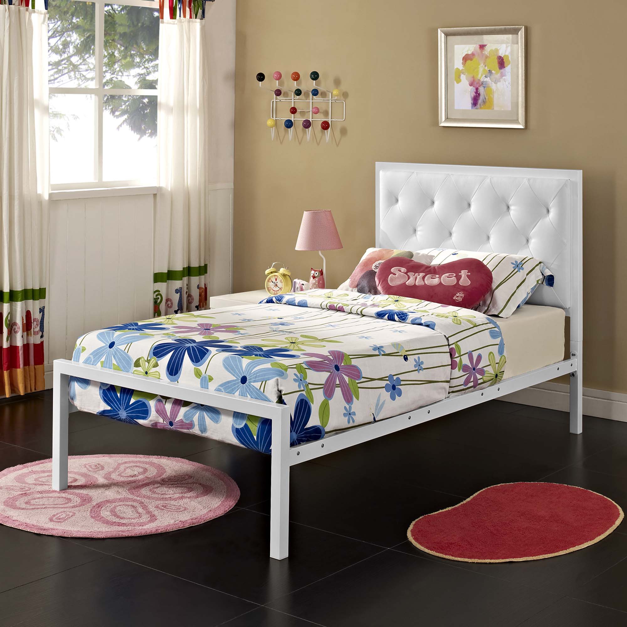 Vivi Modern Twin White Vinyl Bed Frame Platform Style with Tufted Headboard