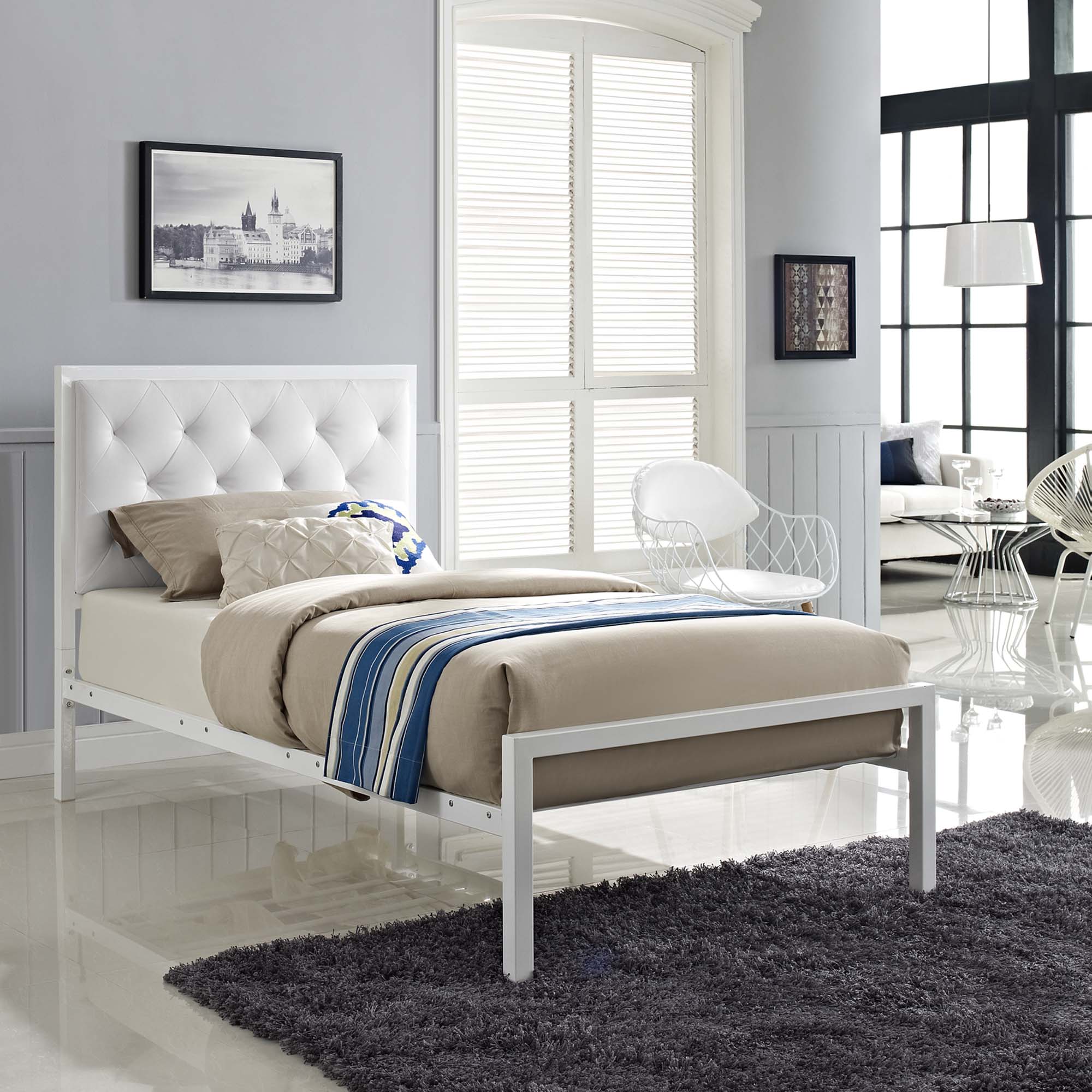 Vivi Modern Twin White Vinyl Bed Frame Platform Style with Tufted Headboard
