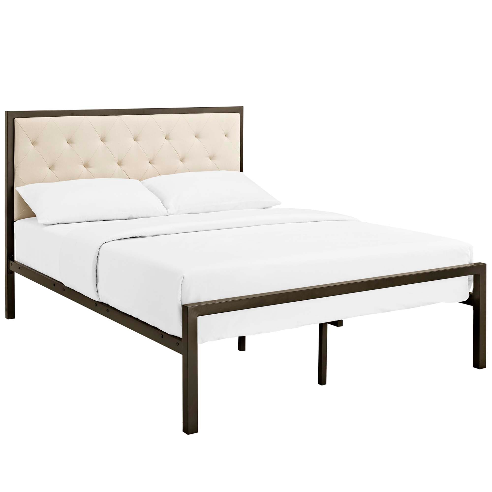 Fenrose Full Brown Beige Upholstered Platform Bed – Modern Tufted Steel Frame