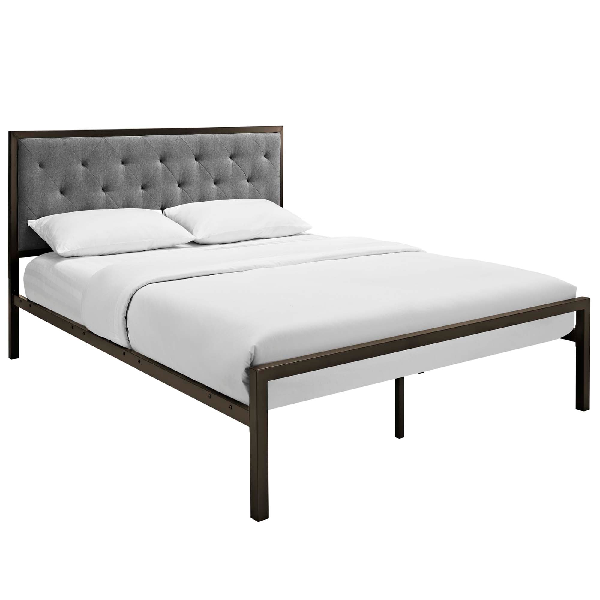 Halwyn Queen Polyester Fabric Platform Bed – Brown Grey Upholstered
