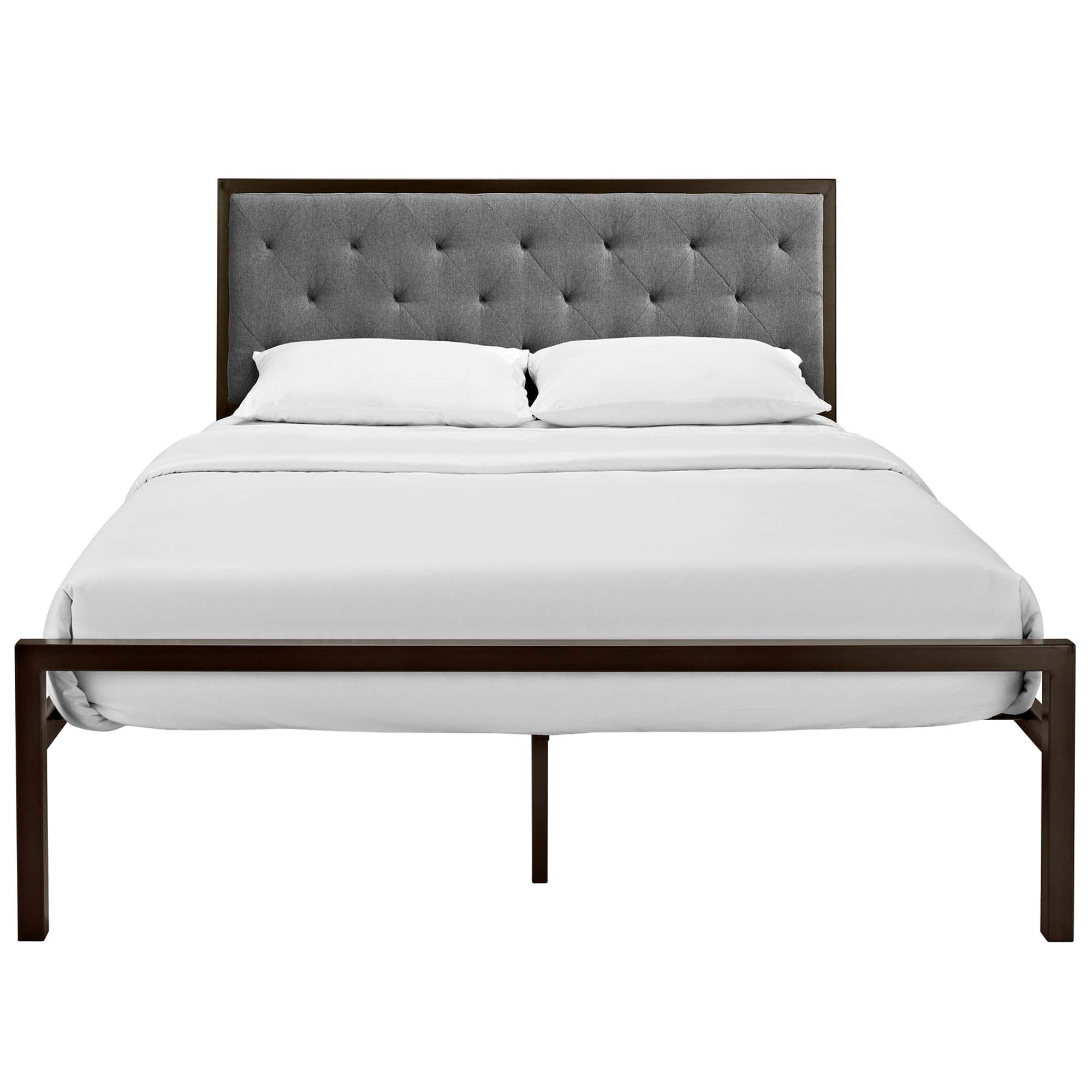 Halwyn Queen Polyester Fabric Platform Bed Brown Grey Upholstered