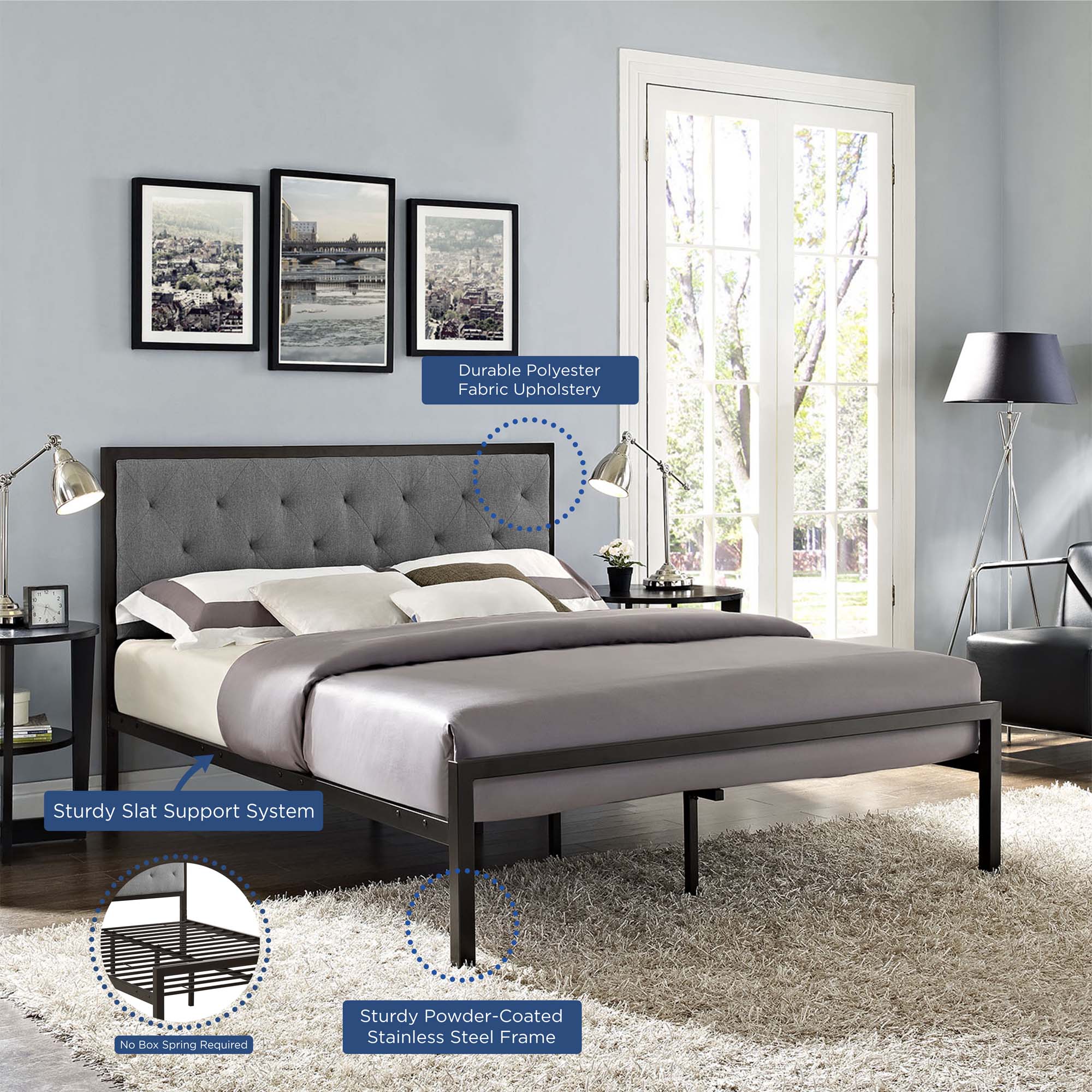 Halwyn Queen Polyester Fabric Platform Bed Brown Grey Upholstered