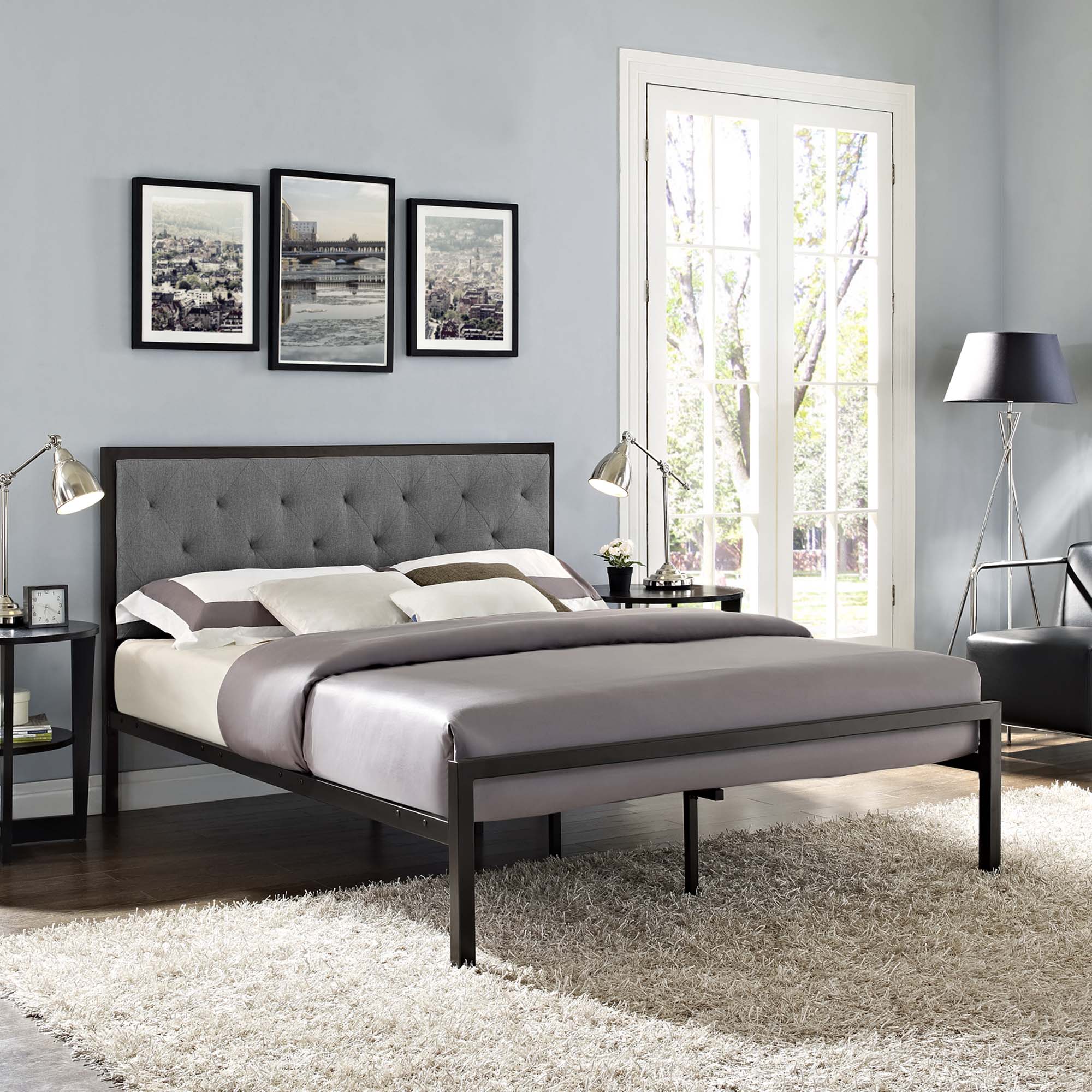 Halwyn Queen Polyester Fabric Platform Bed – Brown Grey Upholstered