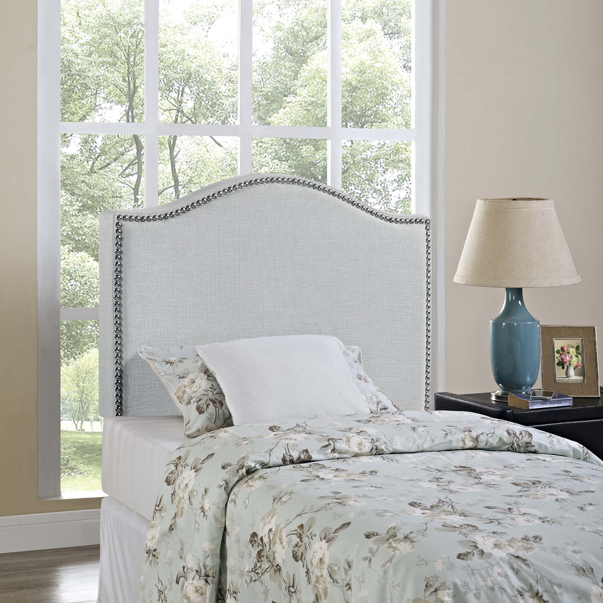 Curl Nailhead Upholstered Twin Headboard, Sky Gray